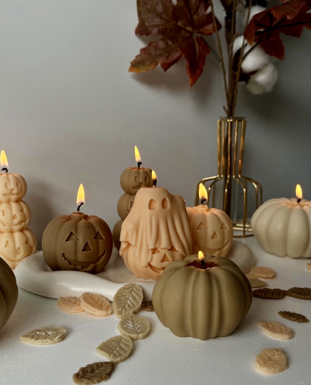 Charming Spooky White and Tan Fall Candle Display