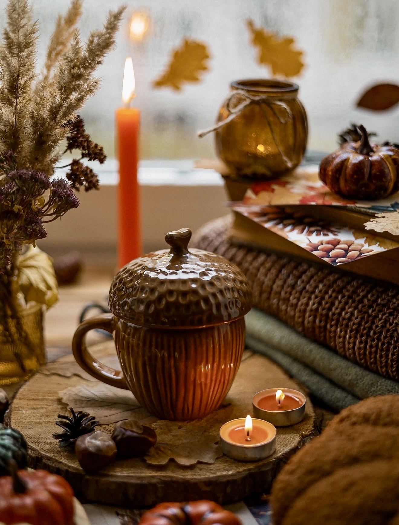 Cozy Acorn Mug Autumn Candle Display