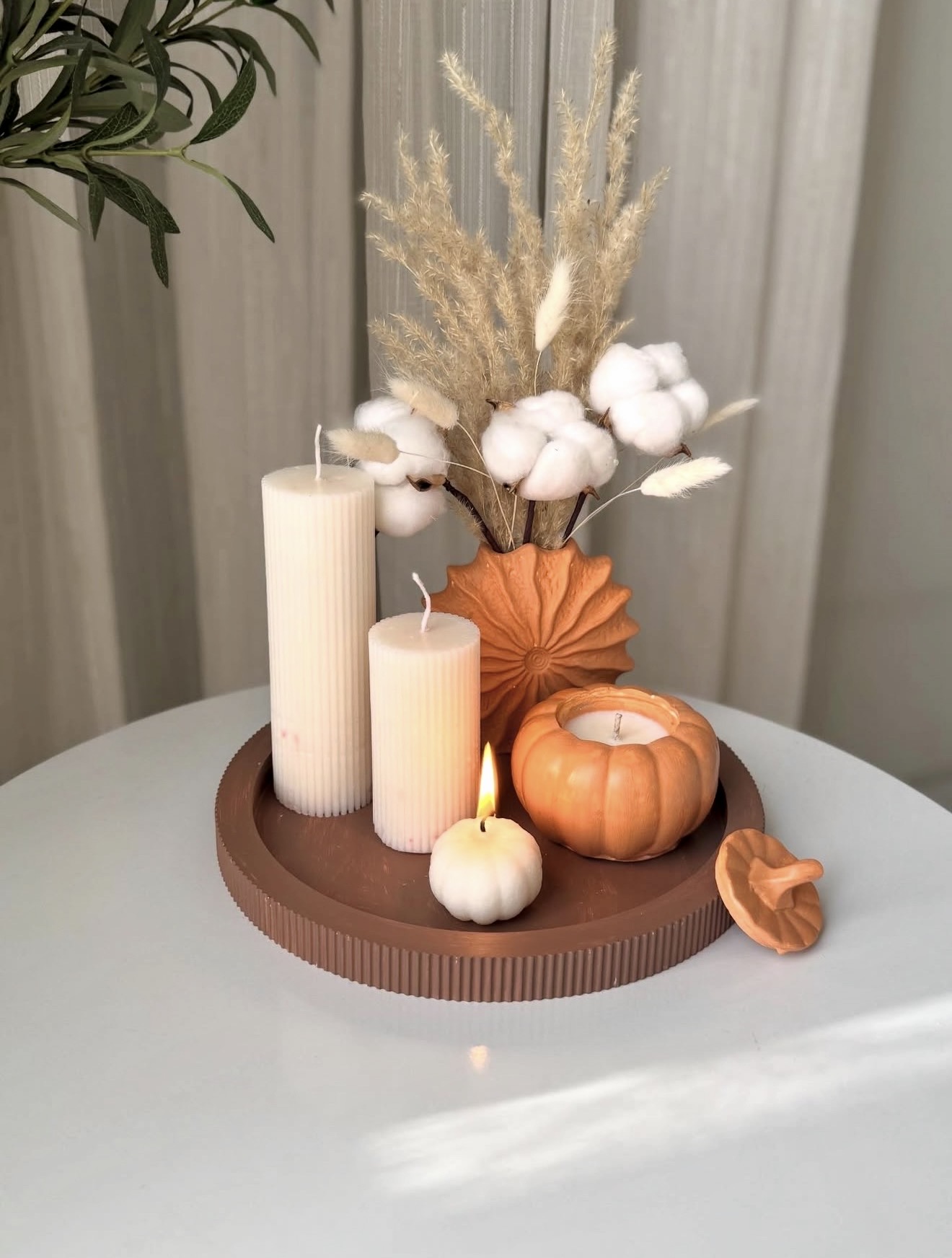 Cozy Autumn Candle Display With Pampas Grass