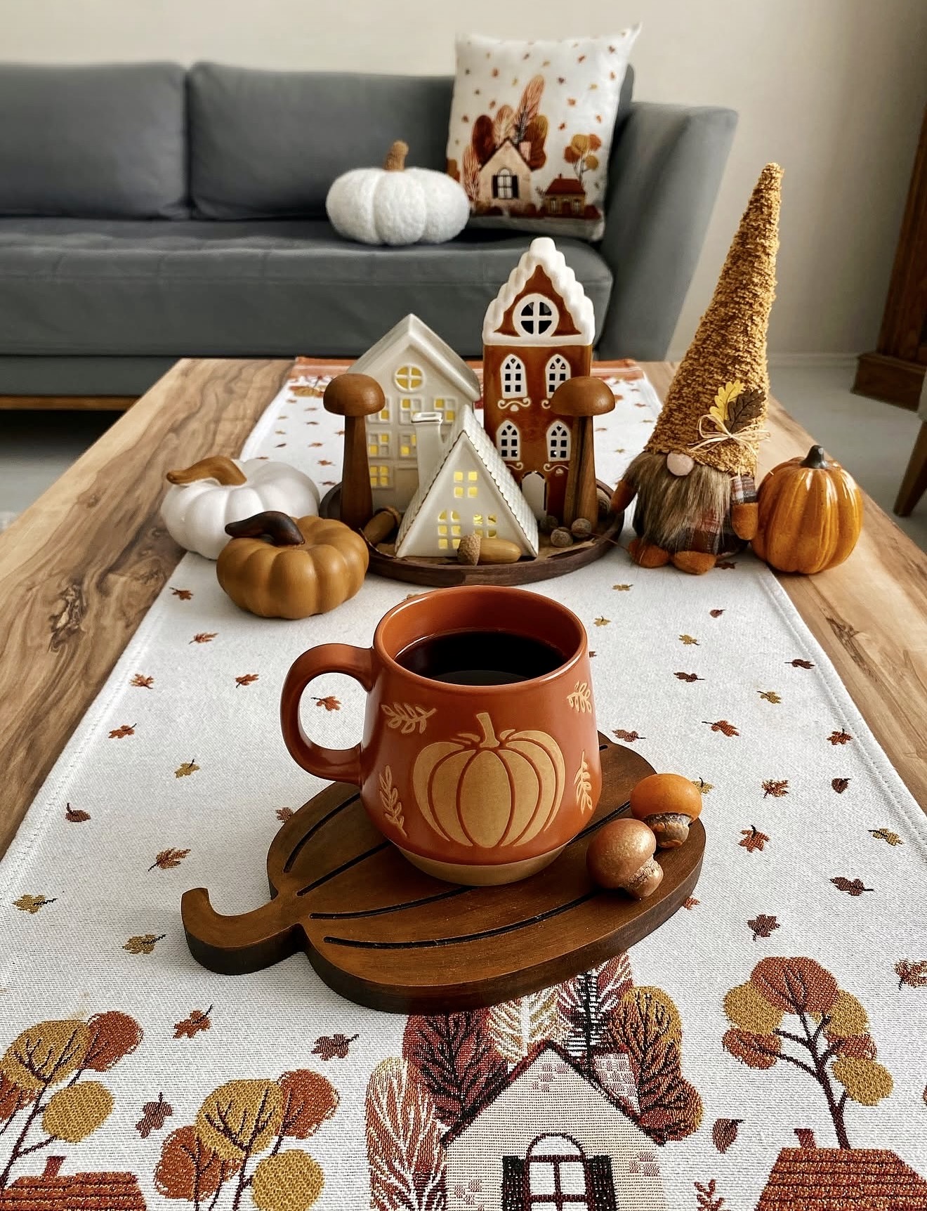 Cozy Autumn Gnome and Gingerbread House Display
