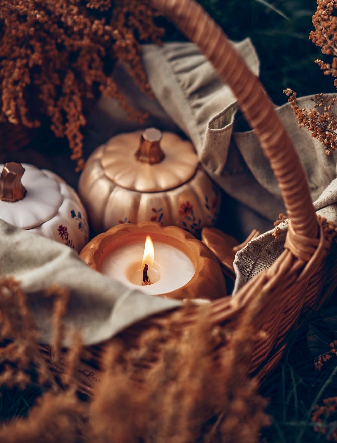 Cozy Autumn Harvest Candle Basket Vignette