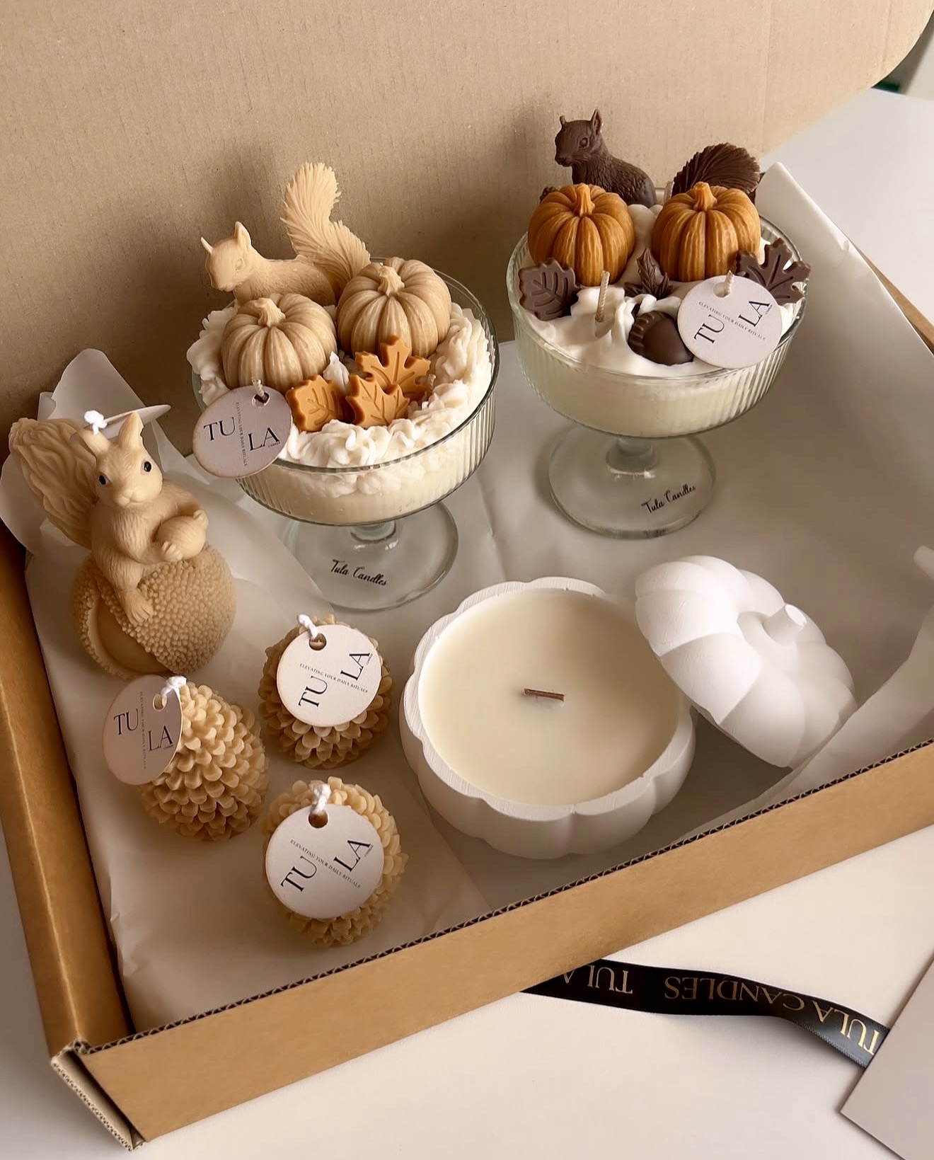 Cozy Autumn Squirrel and Pumpkin Candle Display