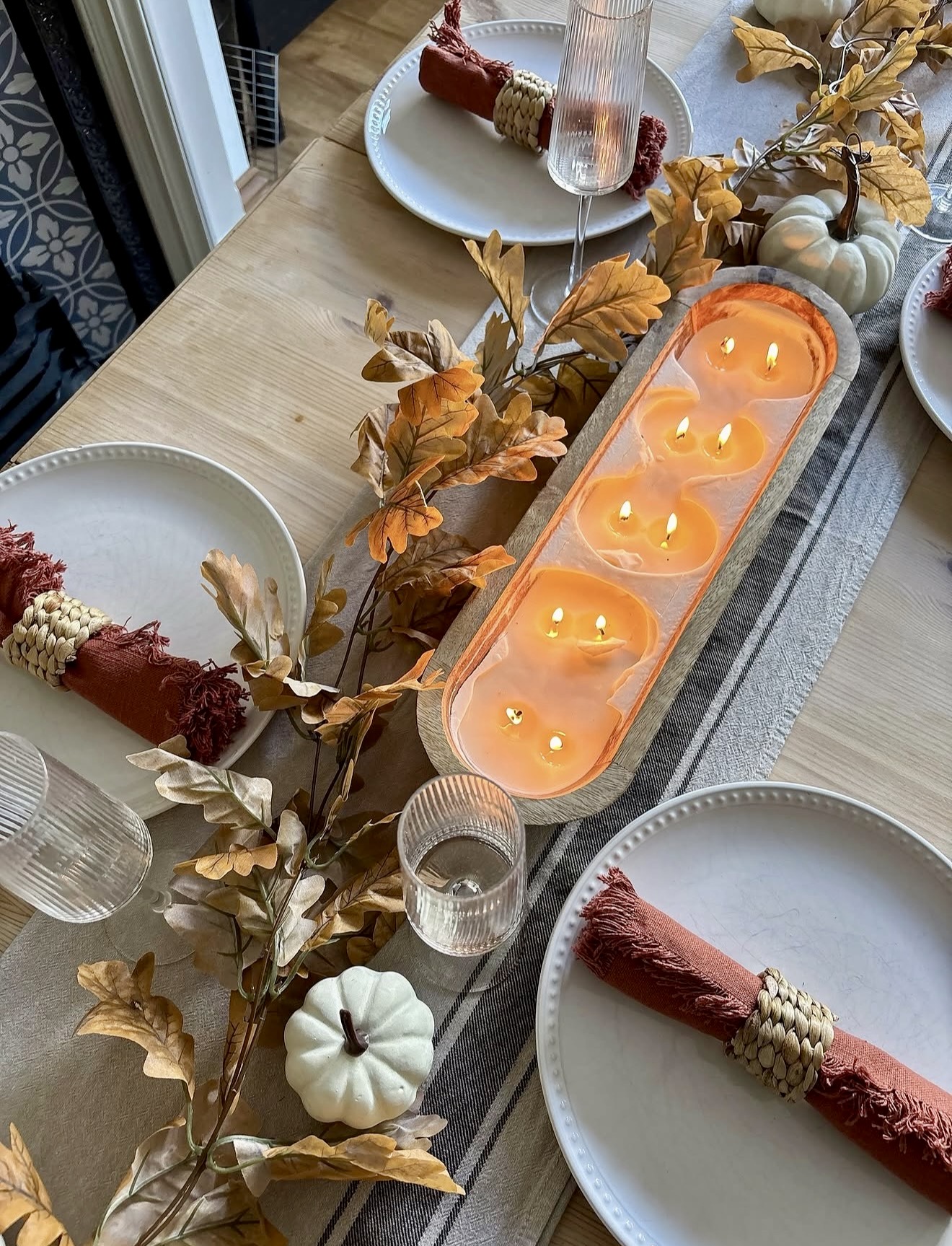 Cozy Autumn Table Runner with Floating Candles
