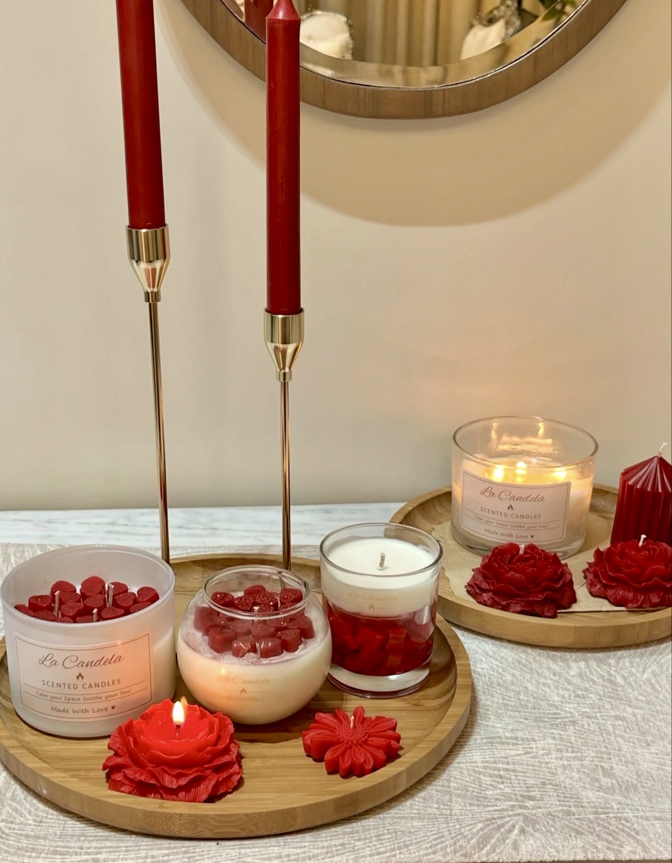 Crimson Candle Vignette With Gold Accents