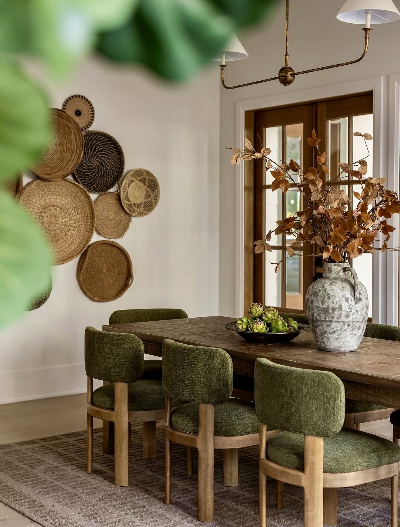Earthy Autumn Dining Room With Woven Wall Art