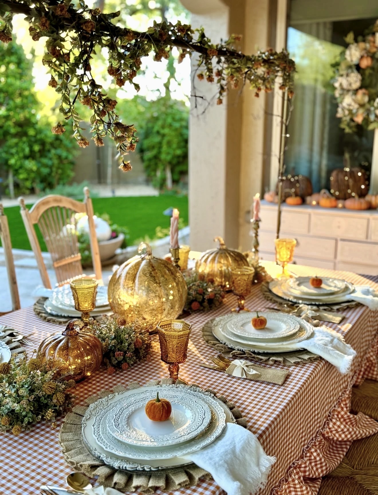 Gilded Harvest Table Setting with Pumpkins
