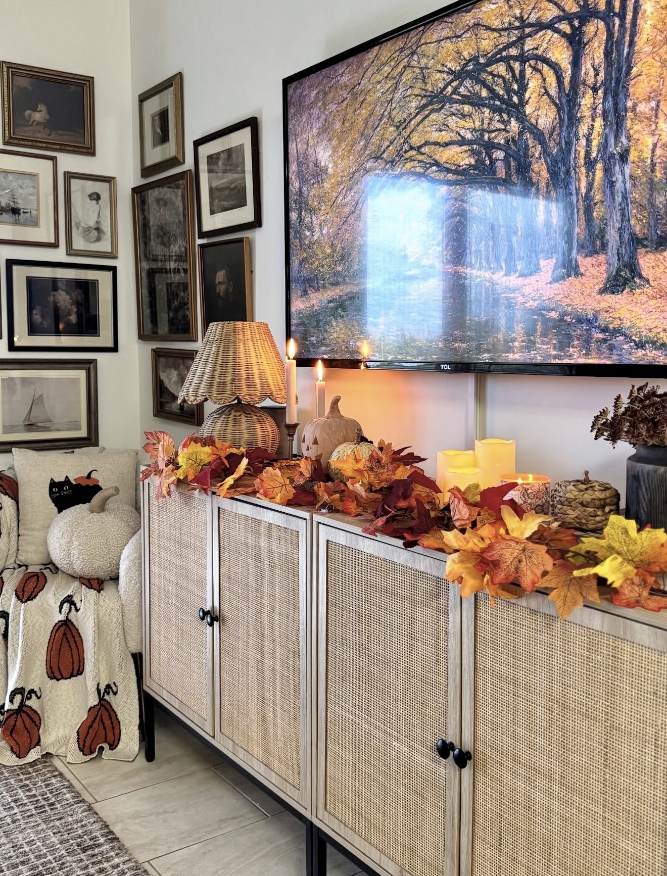 Inviting Cane Sideboard with Fall Accents