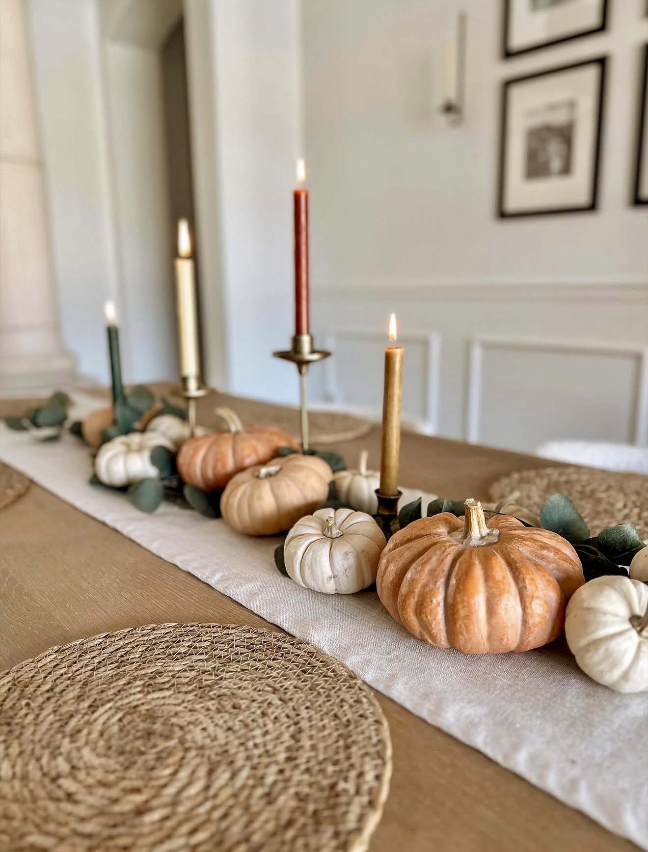 Neutral Pumpkin Tablescape With Taper Candles