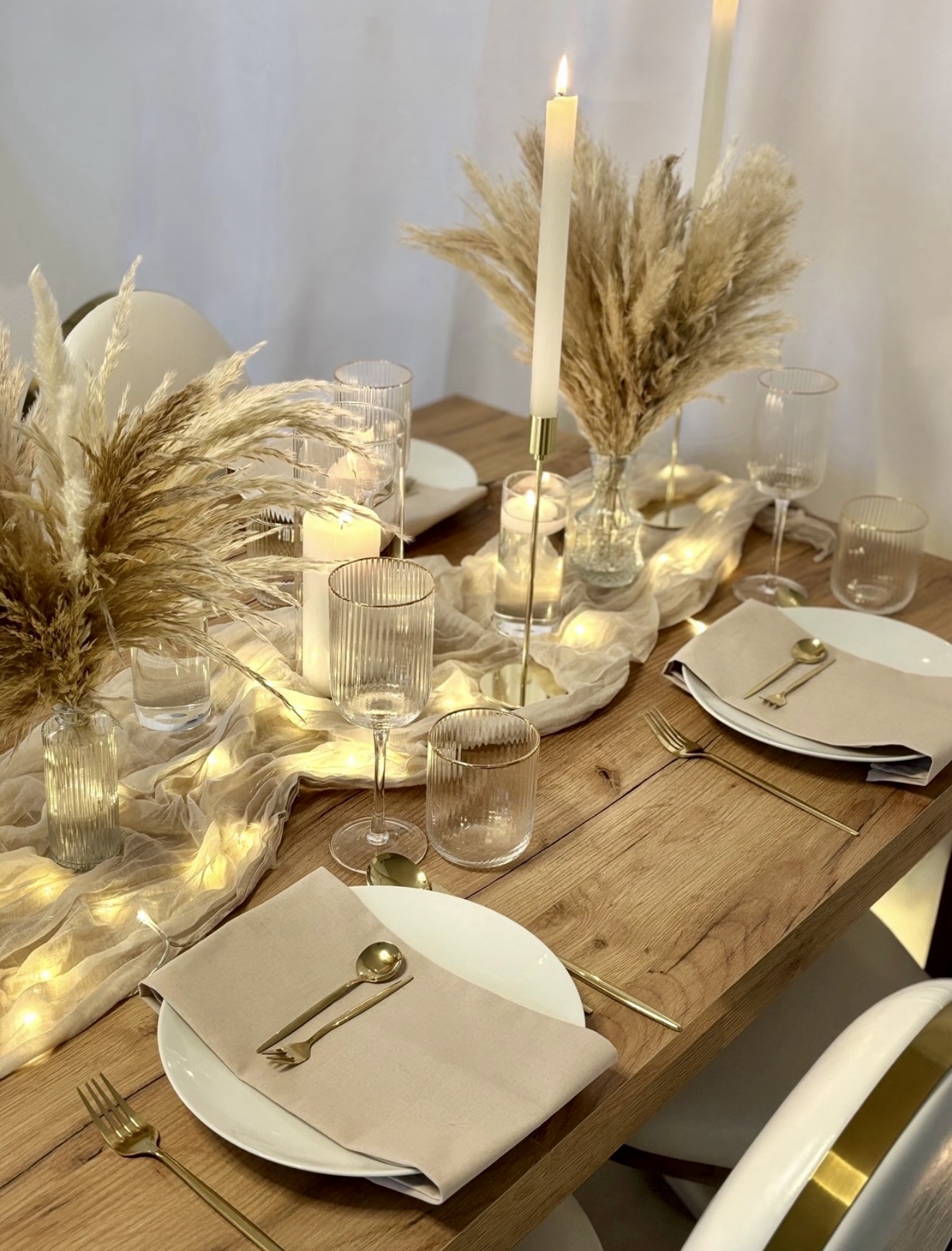 Pampas Grass and Twinkle Lights Fall Tablescape