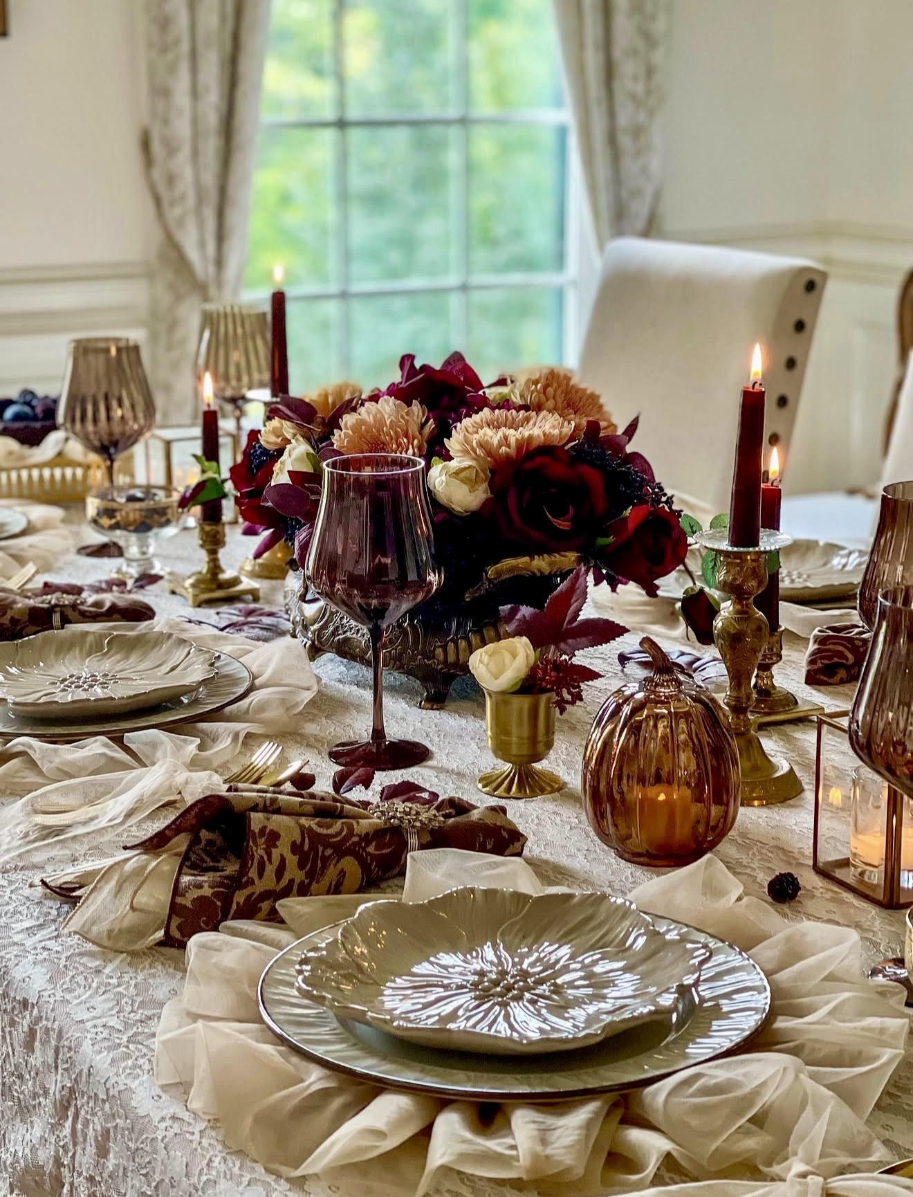 Romantic Jewel-Toned Fall Harvest Table Setting
