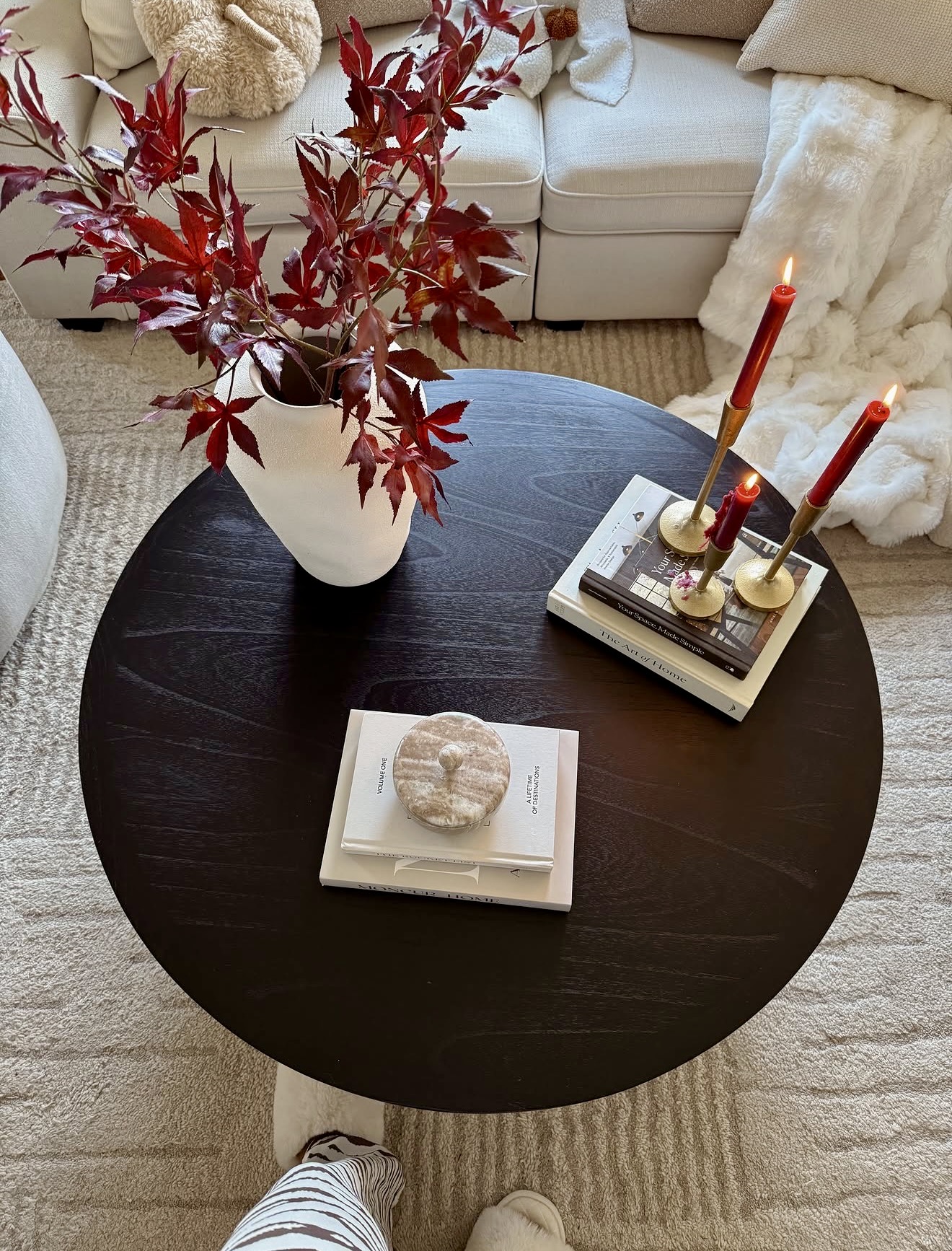 Round Dark Wood Coffee Table with Fall Decor