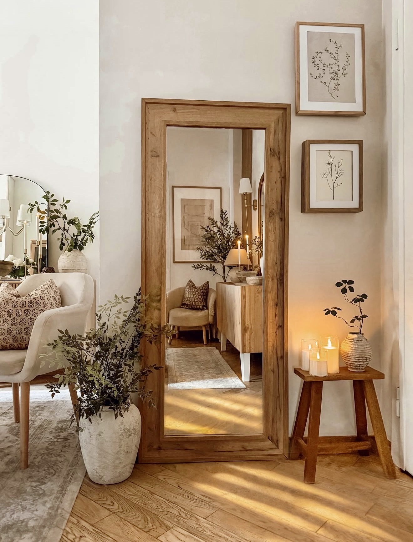 Warm Wooden Mirror Reflects Cozy Natural Light