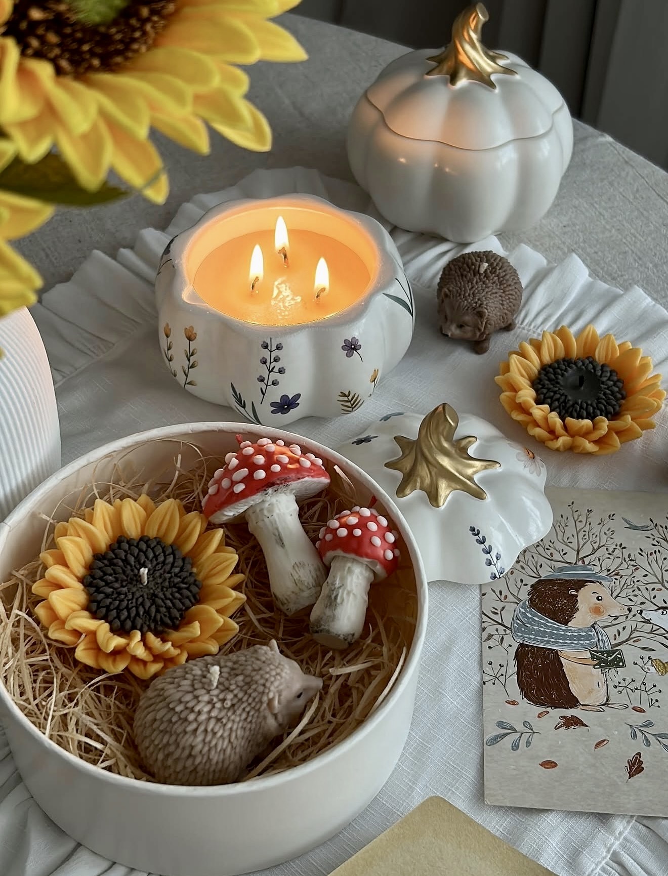 Whimsical Autumn Hedgehog Candle Display