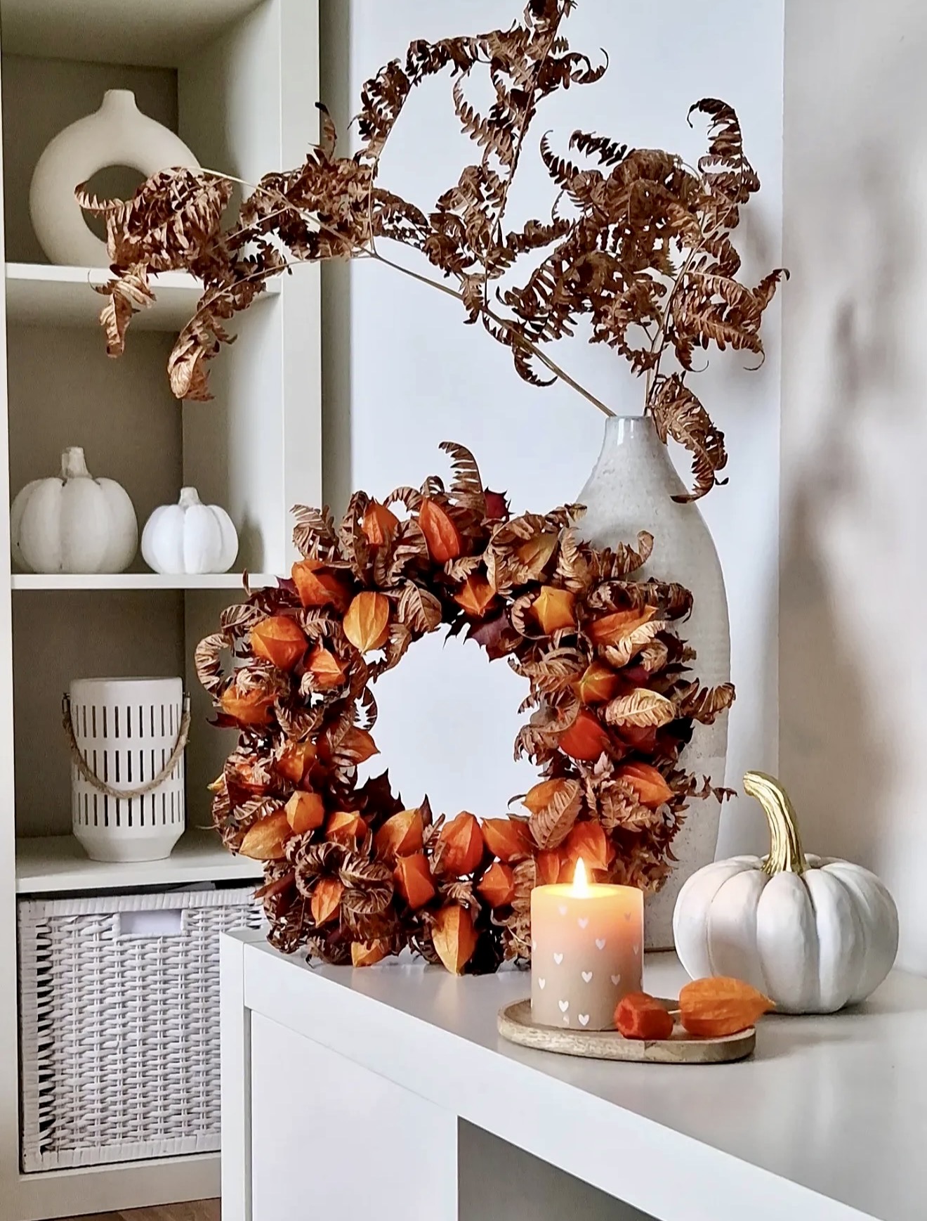 Autumn Wreath and White Pumpkins Display