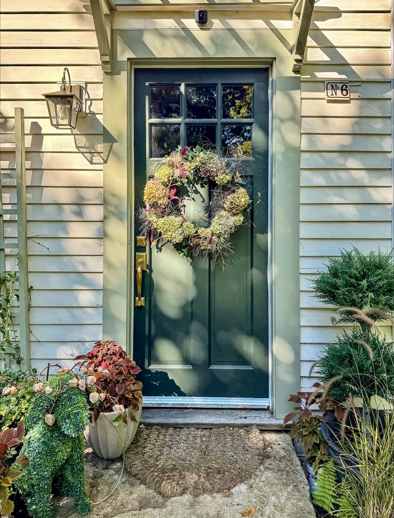 Charming Fall Hydrangea Wreath and Potted Plants