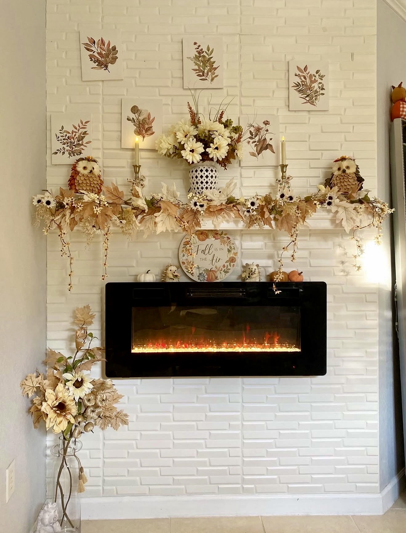 Charming Owl and Leaf Fall Fireplace Mantel