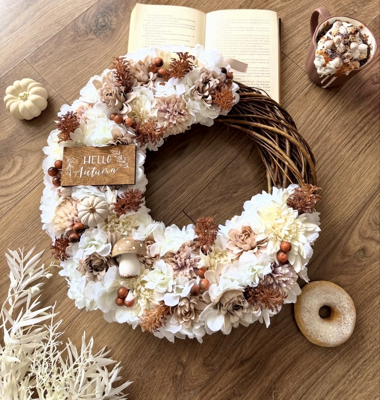 Chic White and Beige Floral Fall Wreath