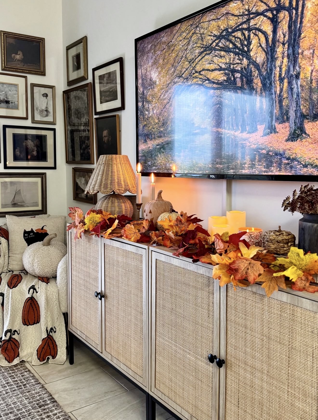 Cozy Autumn Decor on a Rattan Sideboard