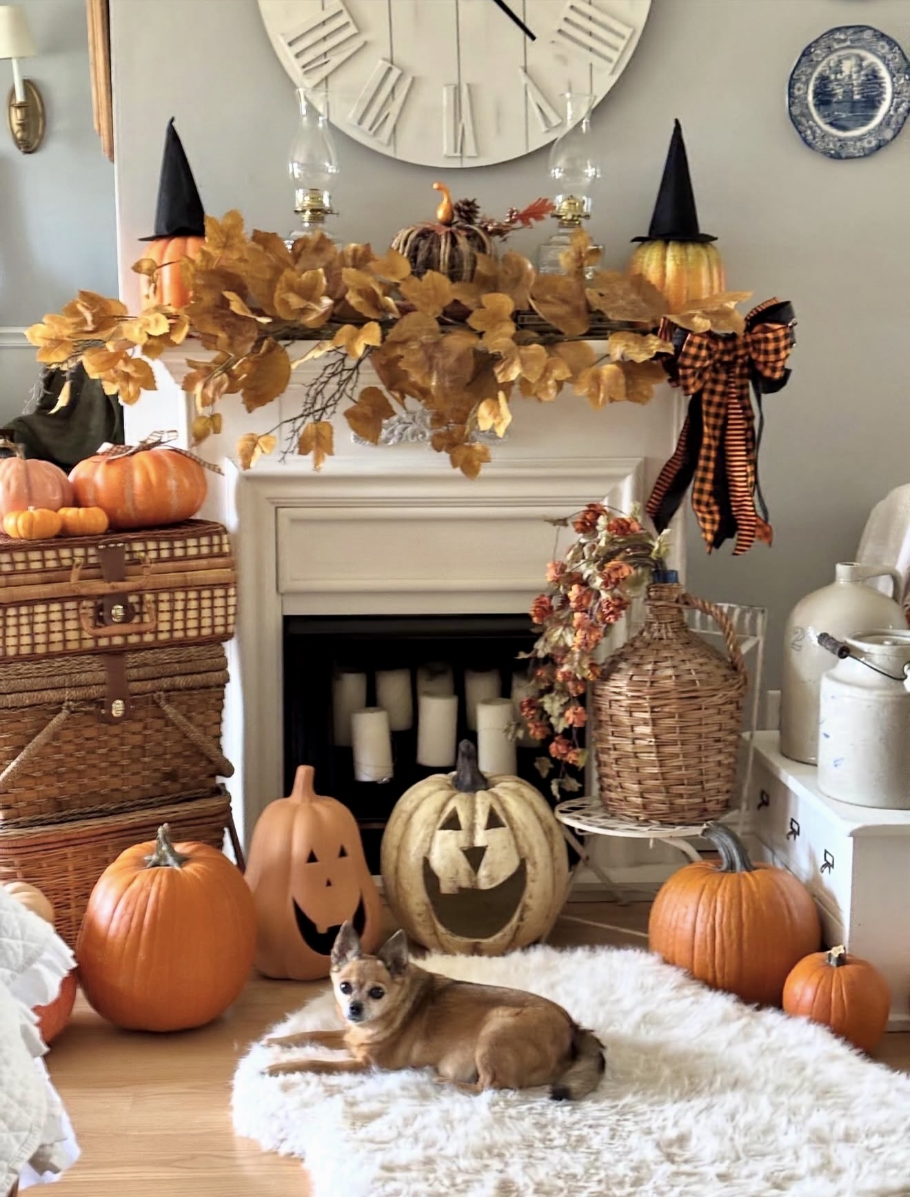 Cozy Autumn Fireplace with Pumpkins and Leaves