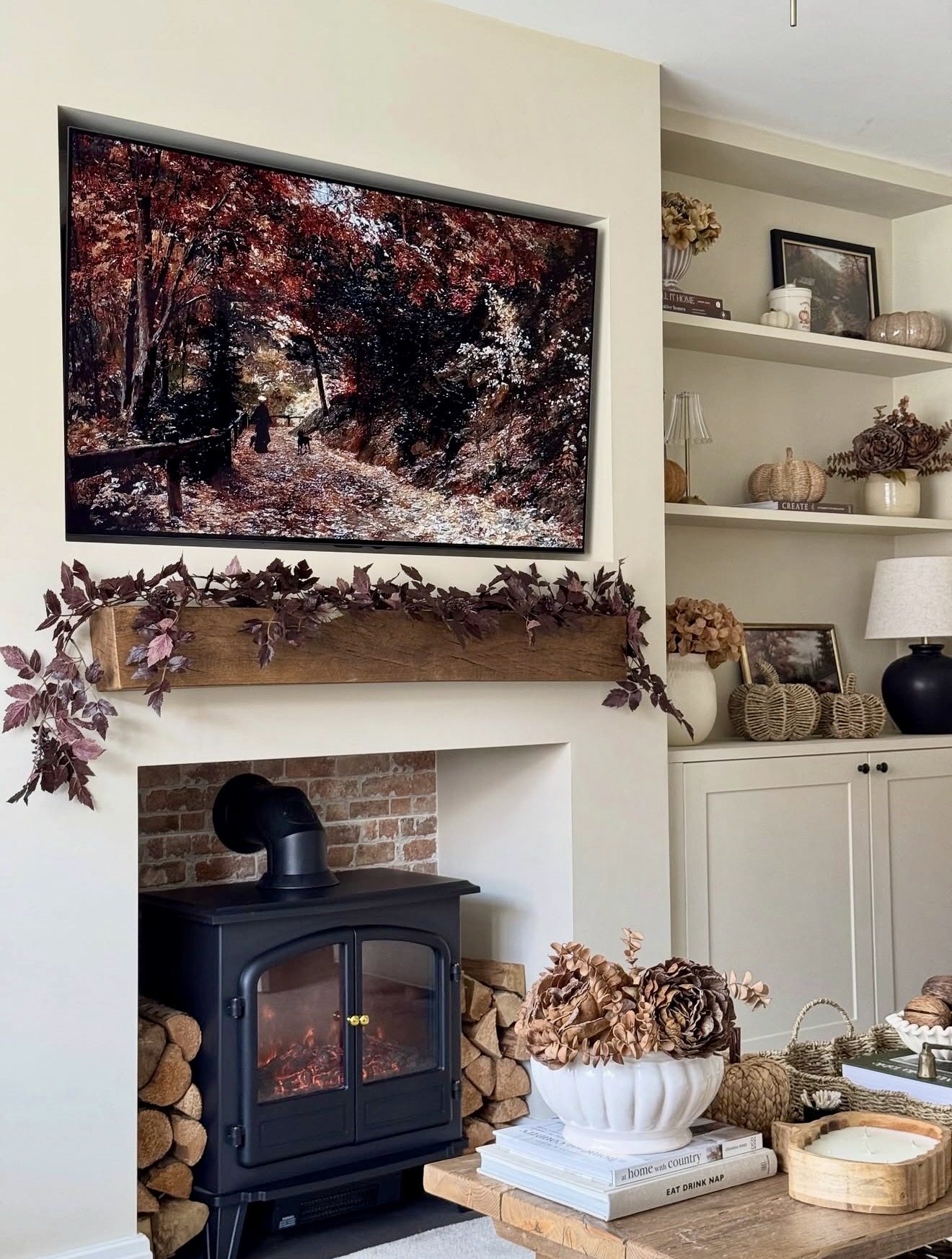 Cozy Autumn Fireplace with Rustic Wood Accents