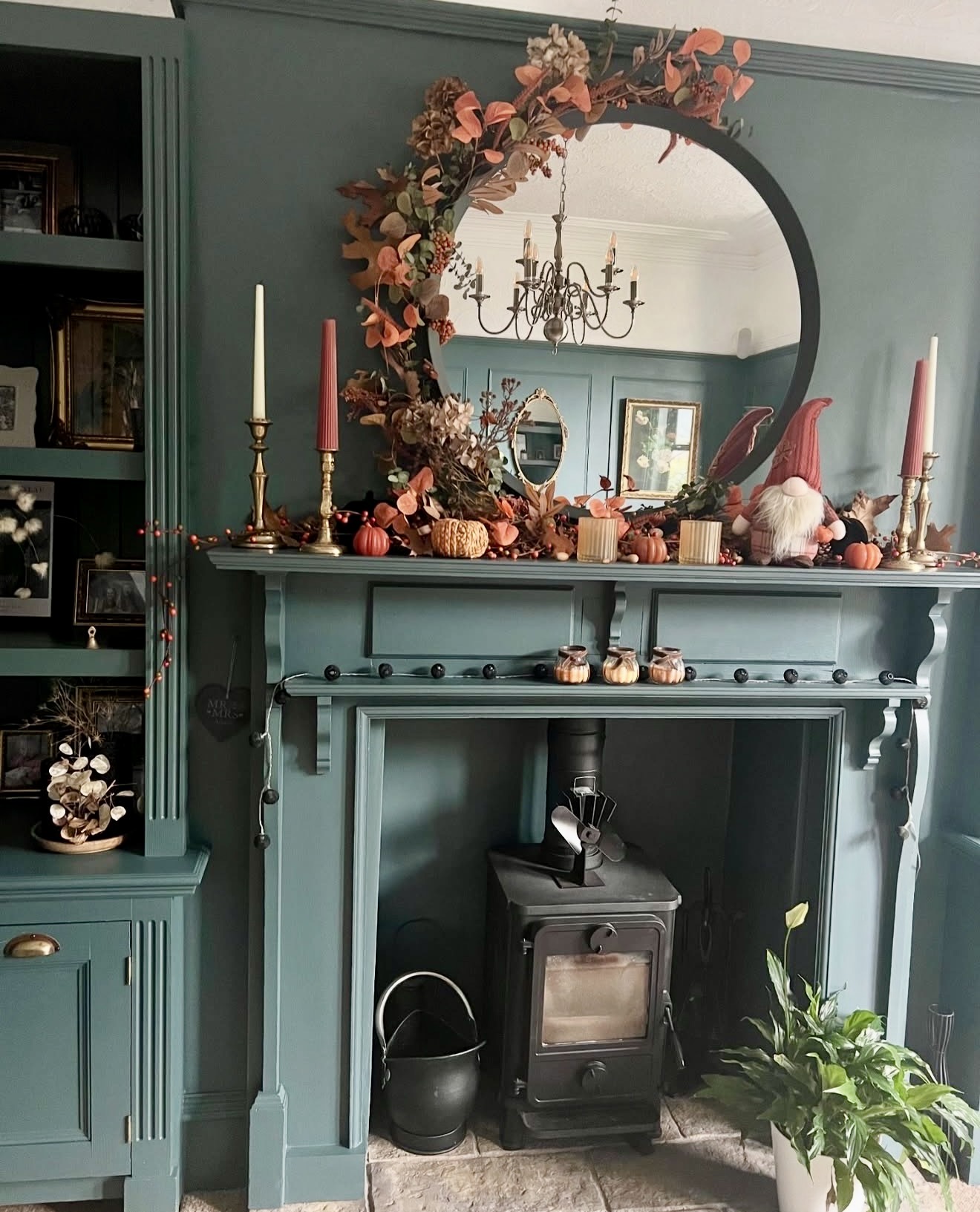 Cozy Autumn Gnome and Pumpkin Fireplace Mantle