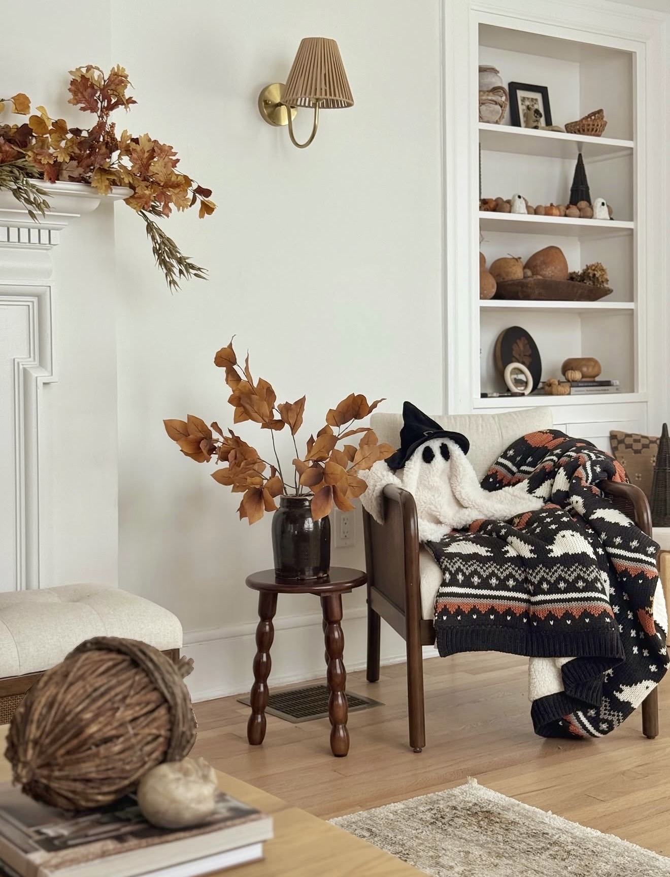 Cozy Autumn Hearth With Whimsical Ghost Accent