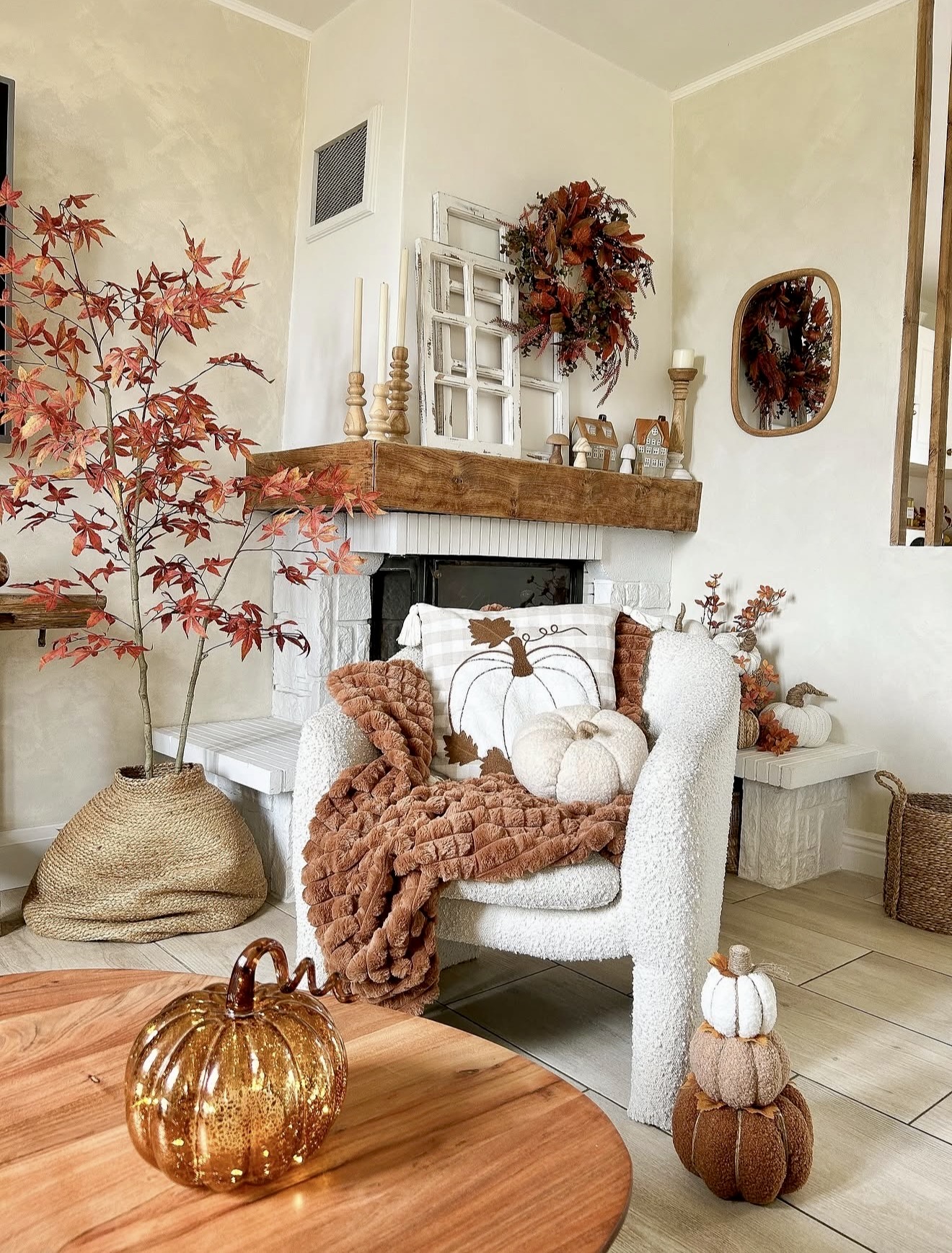 Cozy Autumn Hearthside Vignette With Pumpkins