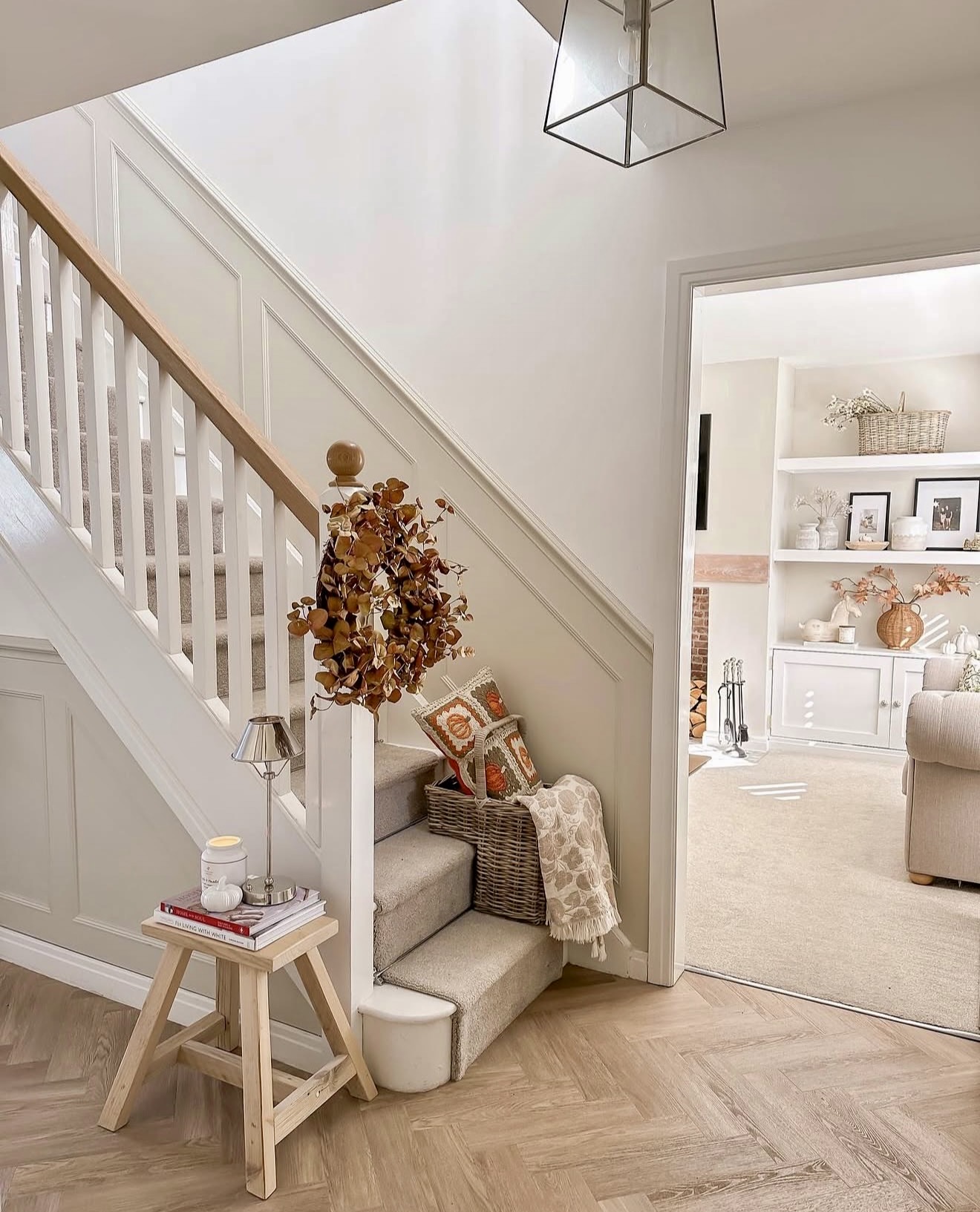 Cozy Autumn Staircase Entryway With Pumpkins