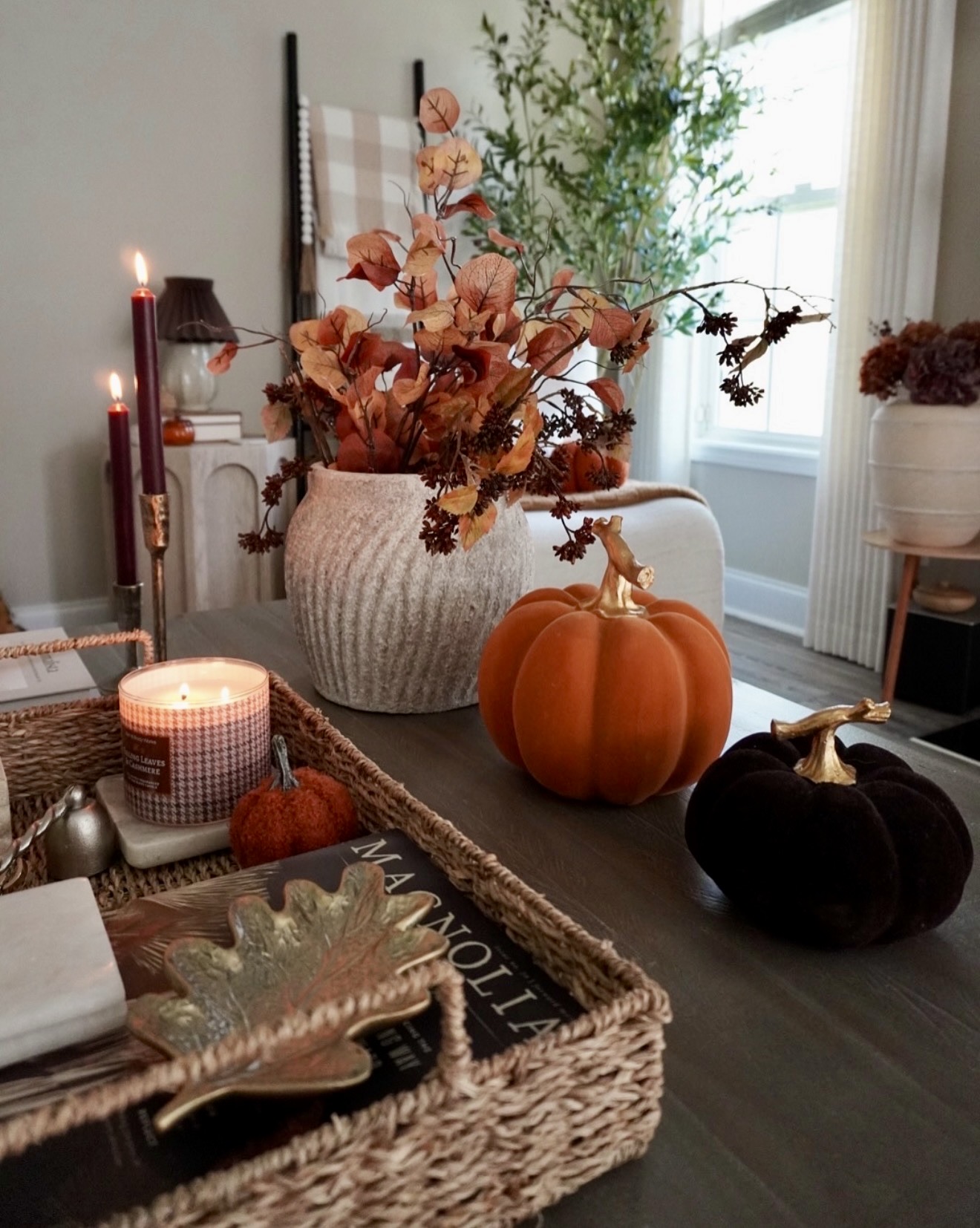 Cozy Autumn Vignette With Velvet Pumpkins