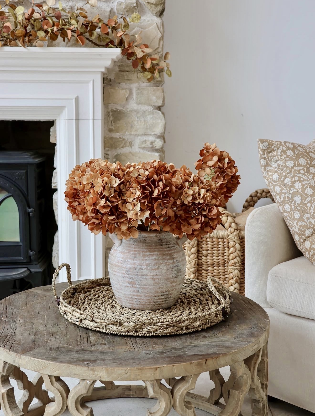 Cozy Earth Tones Fall Fireplace Vignette