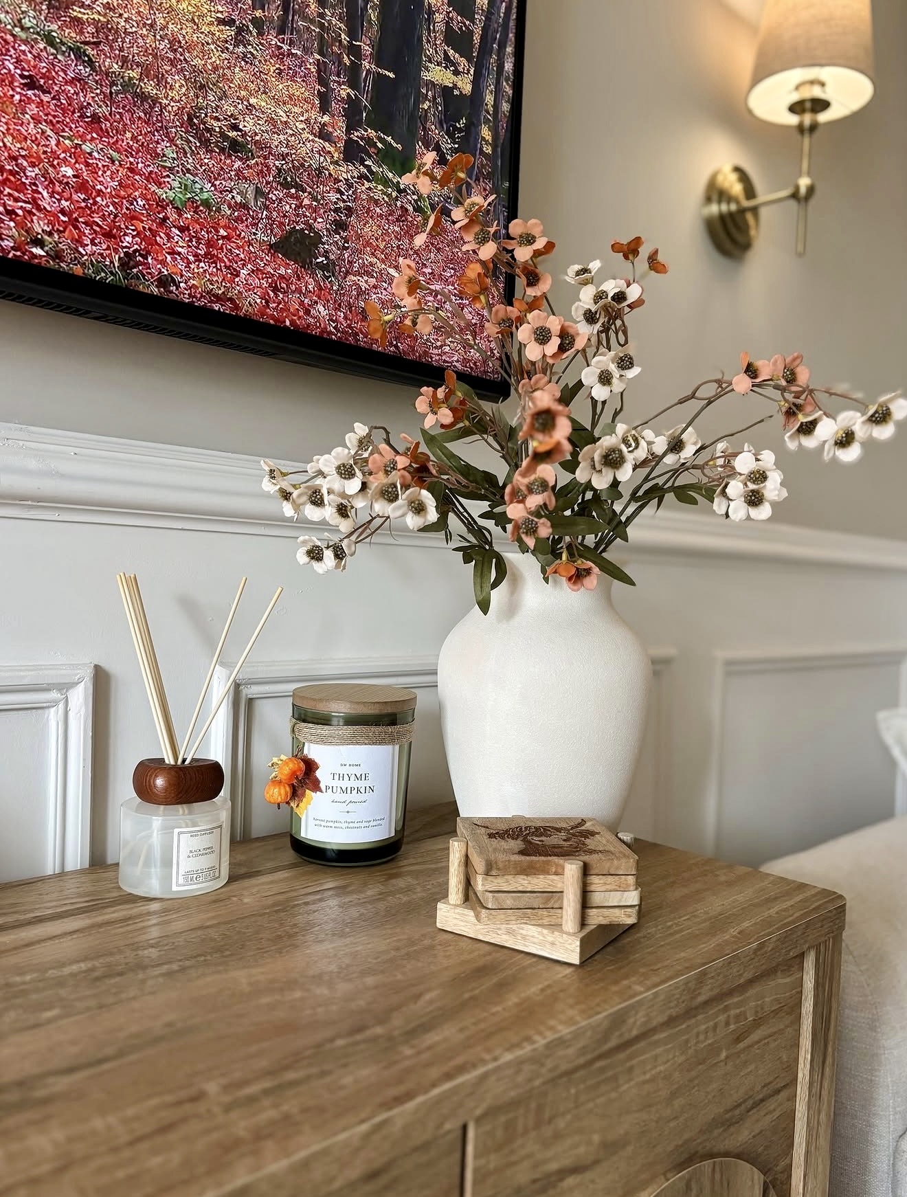 Cozy Fall Display With Thyme Pumpkin Candle