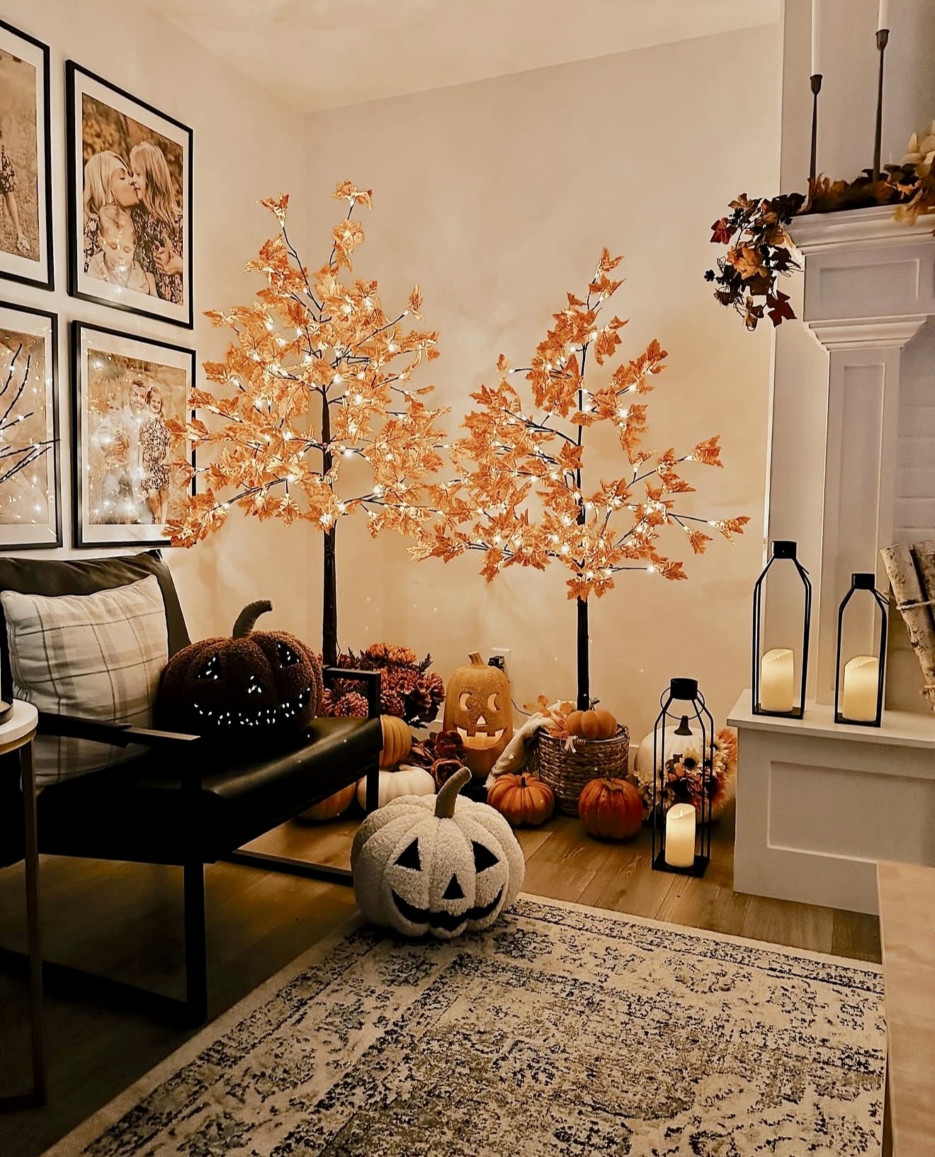 Cozy Fall Living Room With Lit Maple Trees