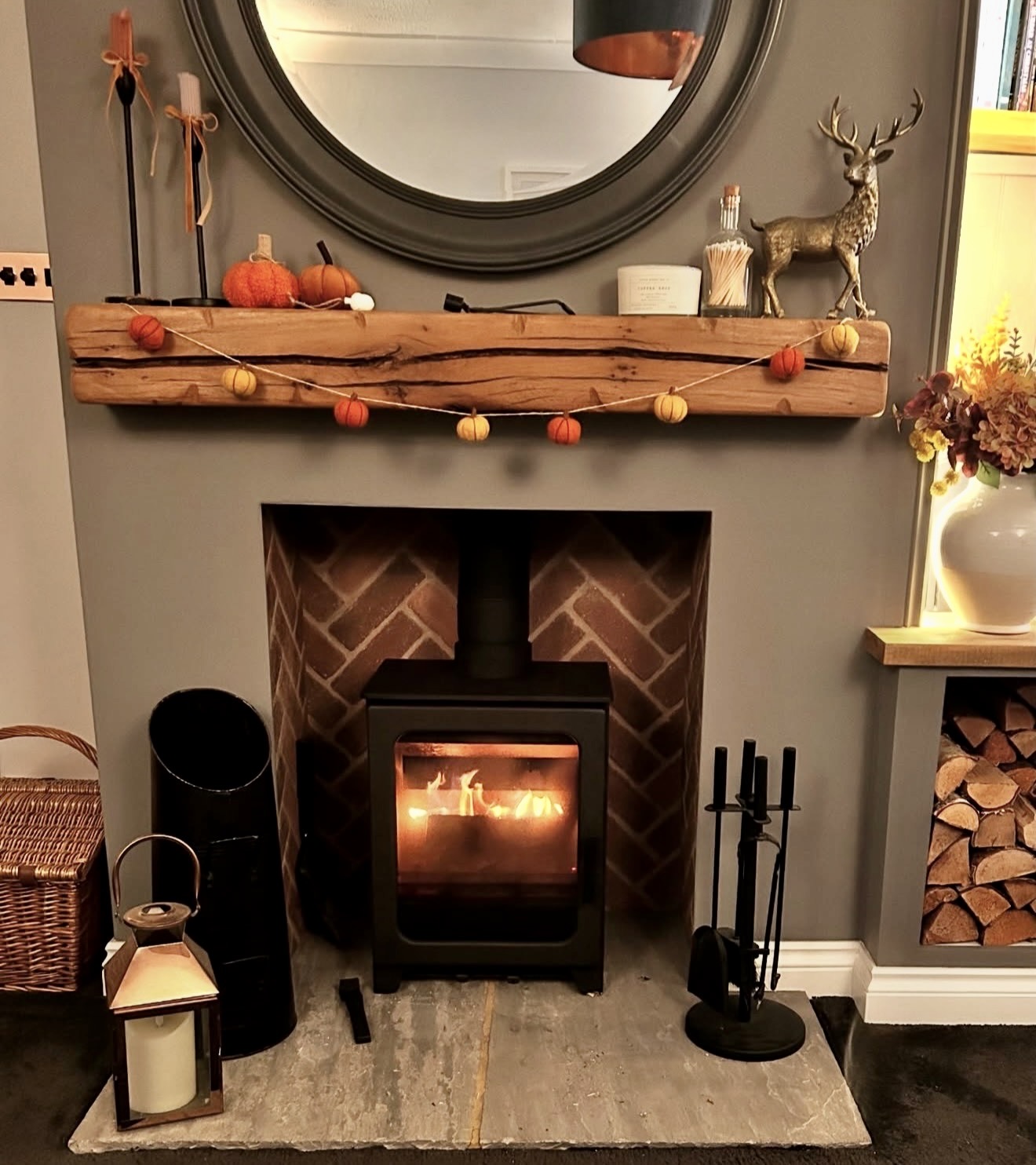 Cozy Fall Mantel with Rustic Wood Beam