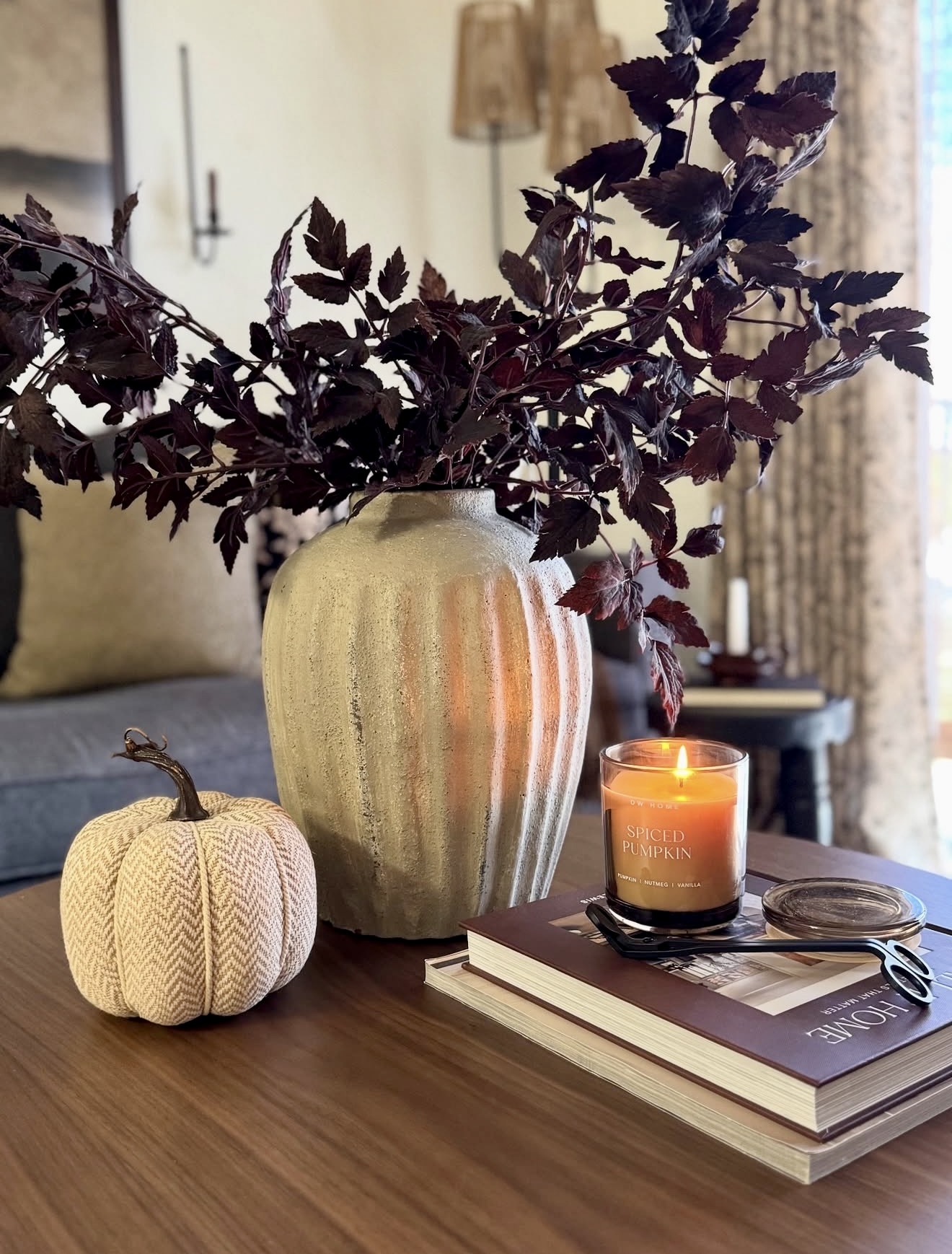 Cozy Fall Vignette With Textured Pumpkin