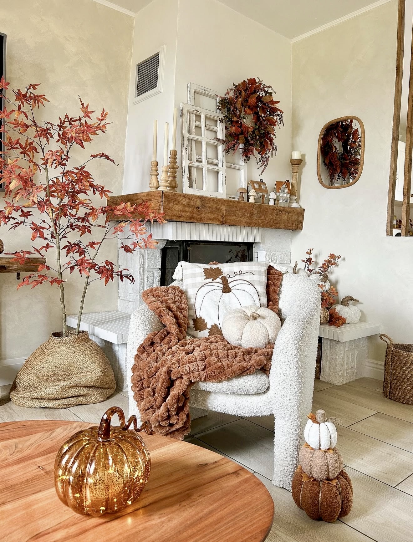 Cozy Farmhouse Fall Fireplace Mantel Decor