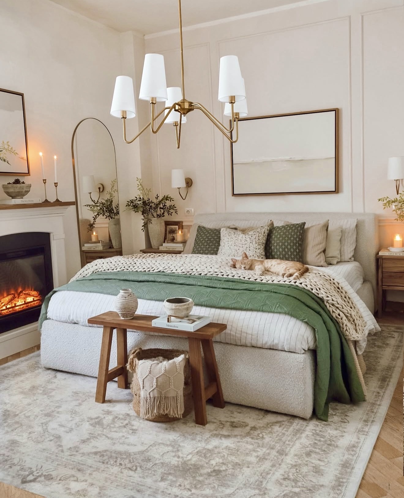 Cozy Fireplace Bedroom With Green Accents