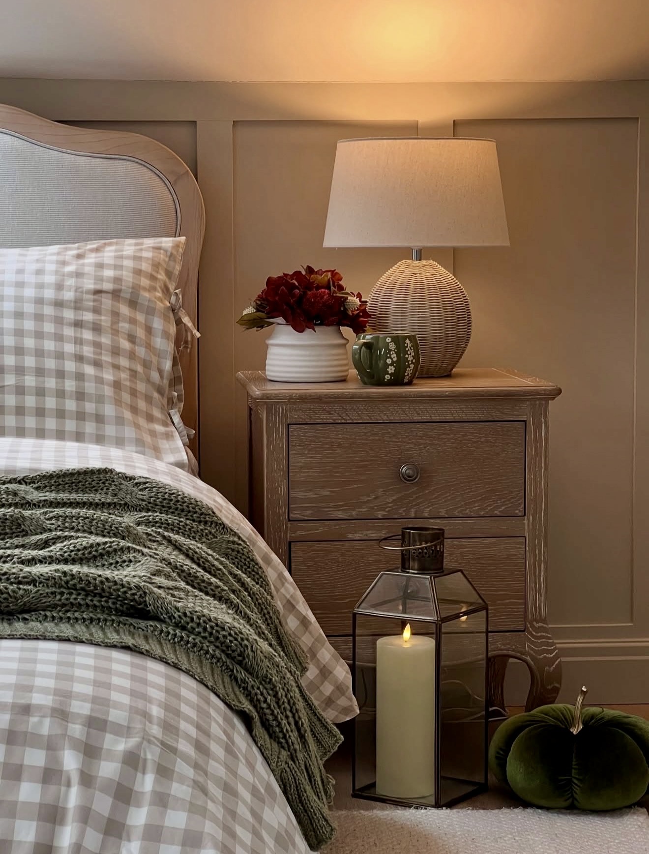 Cozy Gingham Fall Bedroom With Warm Lighting