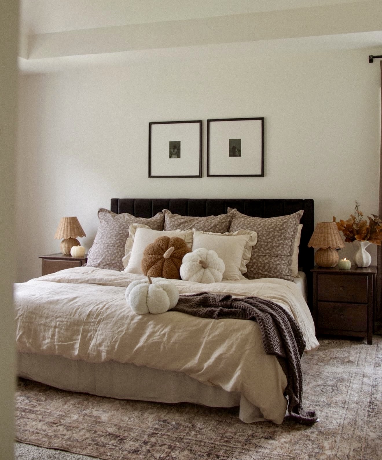 Cozy Neutral Fall Bedroom With Pumpkin Accents