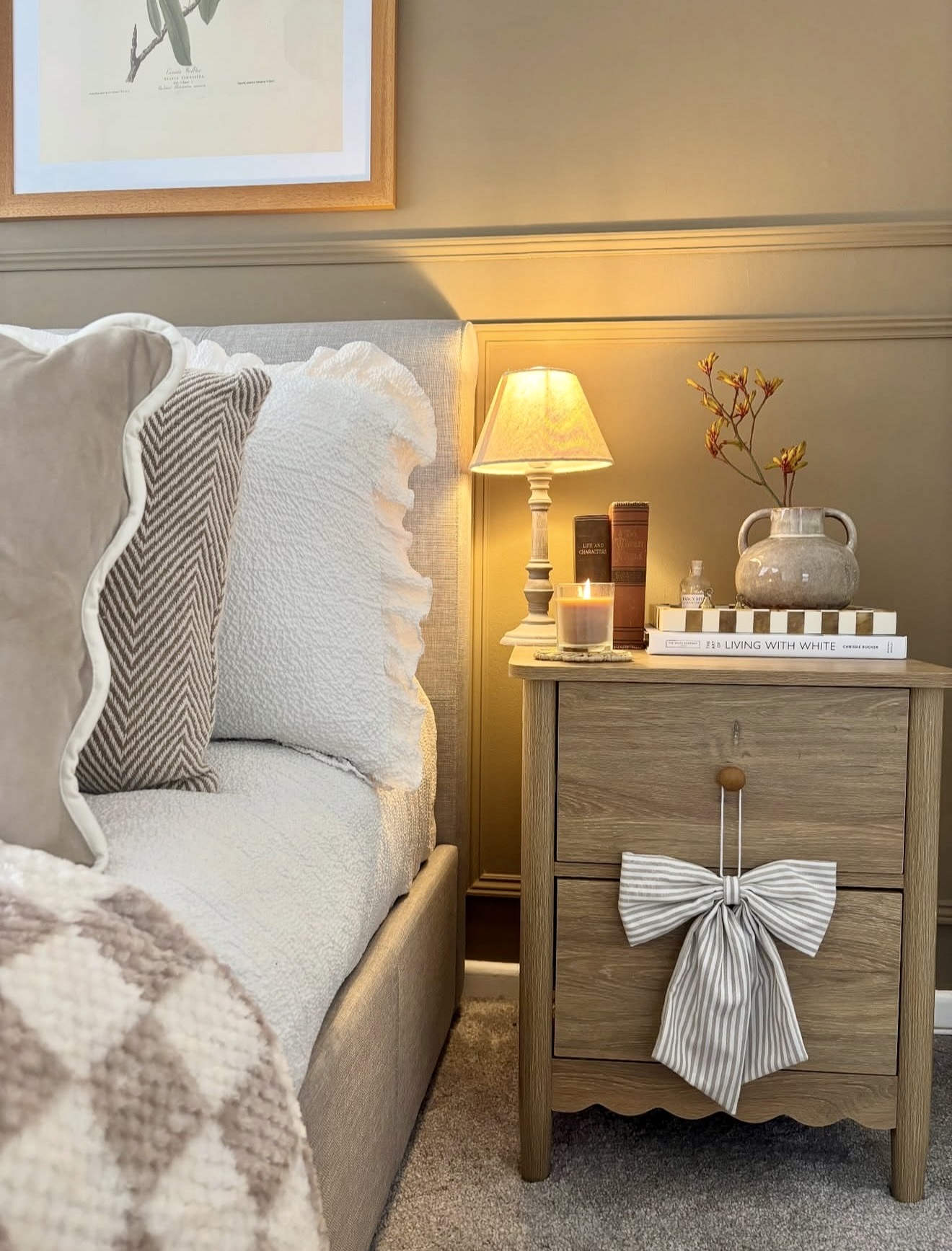 Cozy Neutral Fall Bedroom with Rustic Nightstand