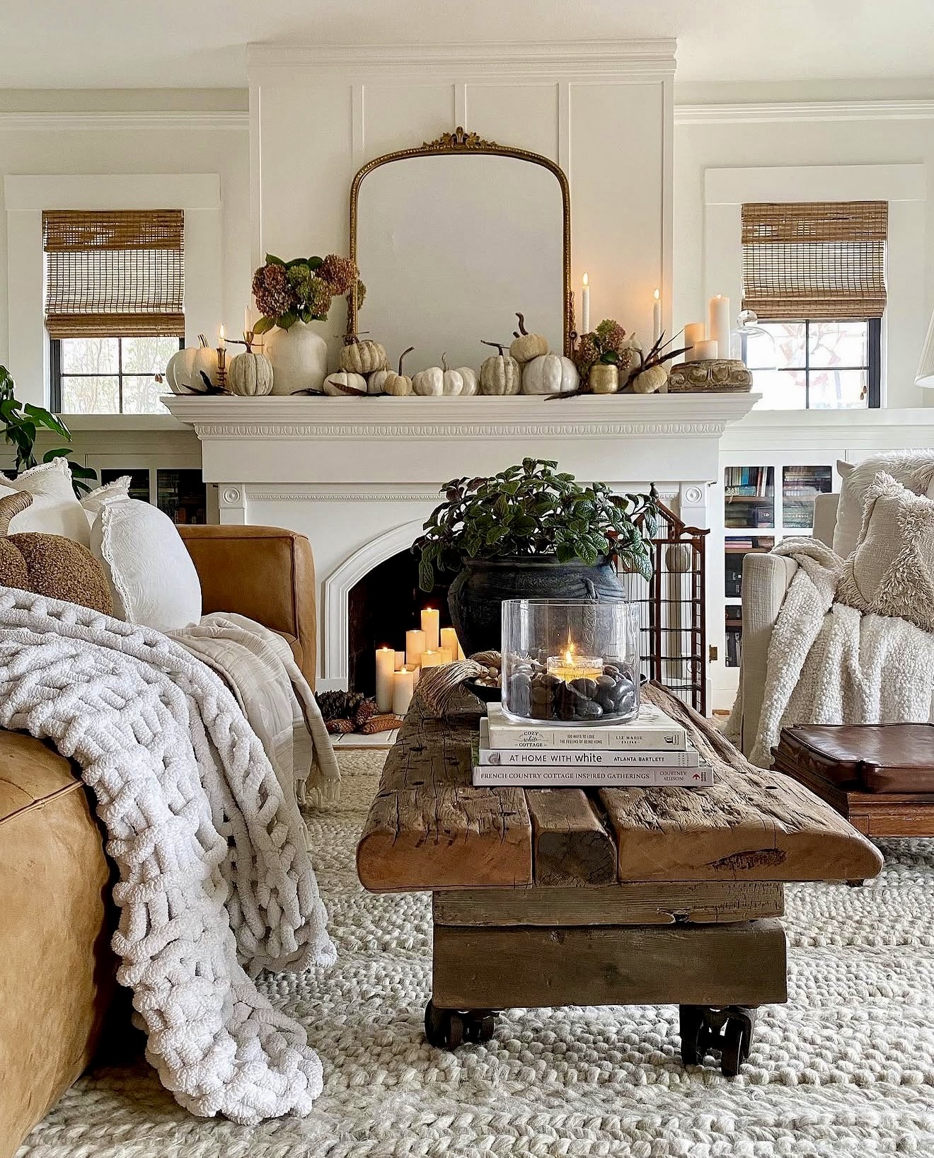 Cozy Neutral Fall Fireplace Mantel Display