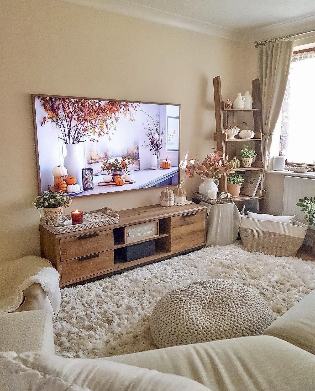 Cozy Neutral Fall Living Room with Pumpkins