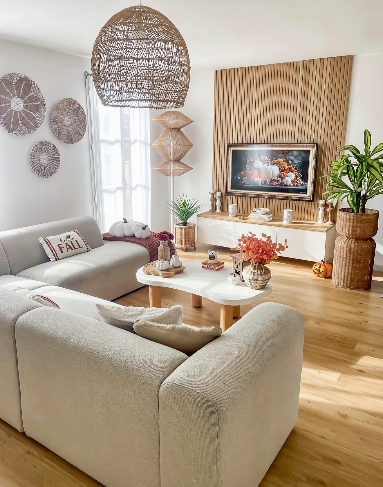 Cozy Neutral Fall Living Room With Rattan Accents
