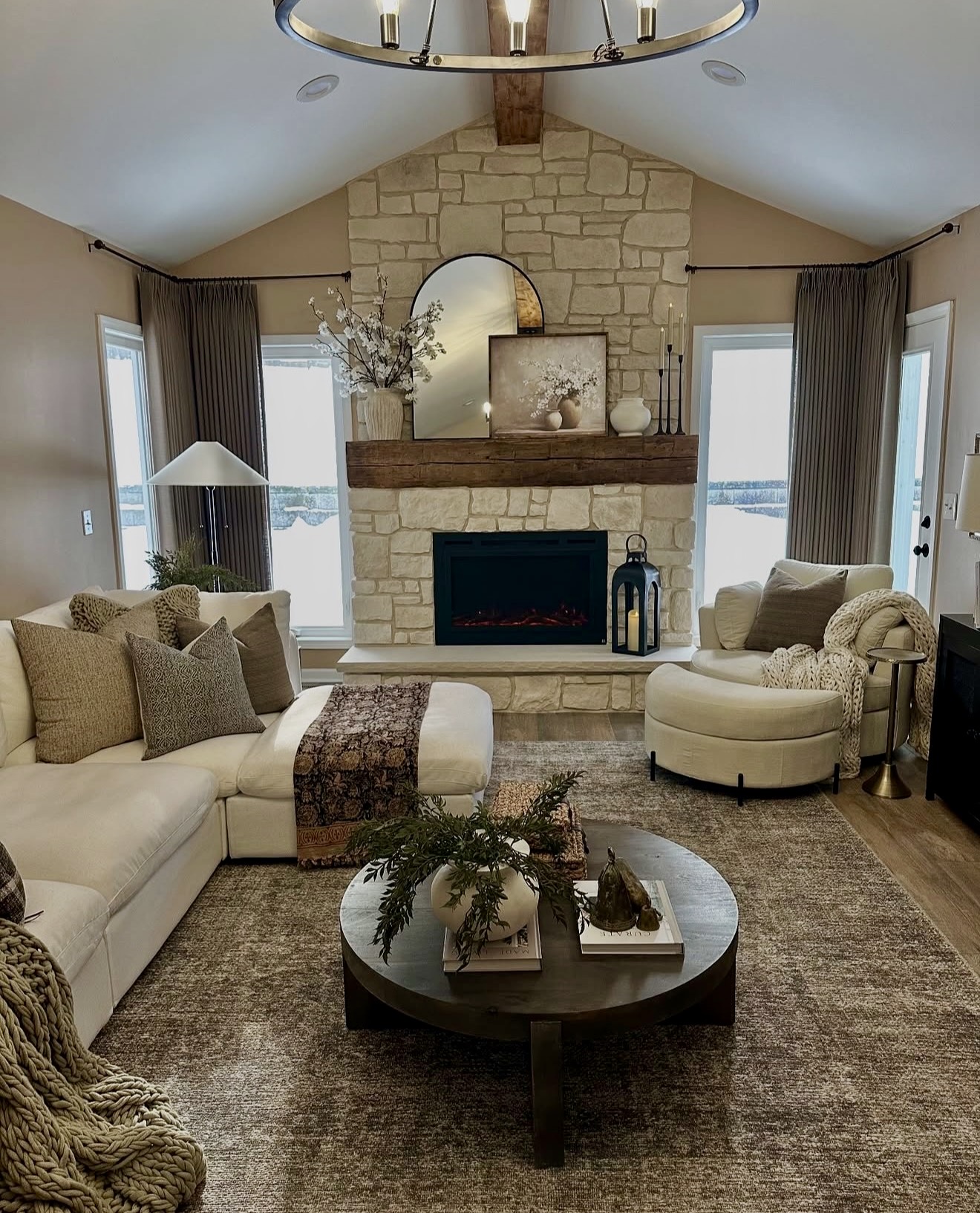 Cozy Neutral Fall Living Room With Stone Fireplace