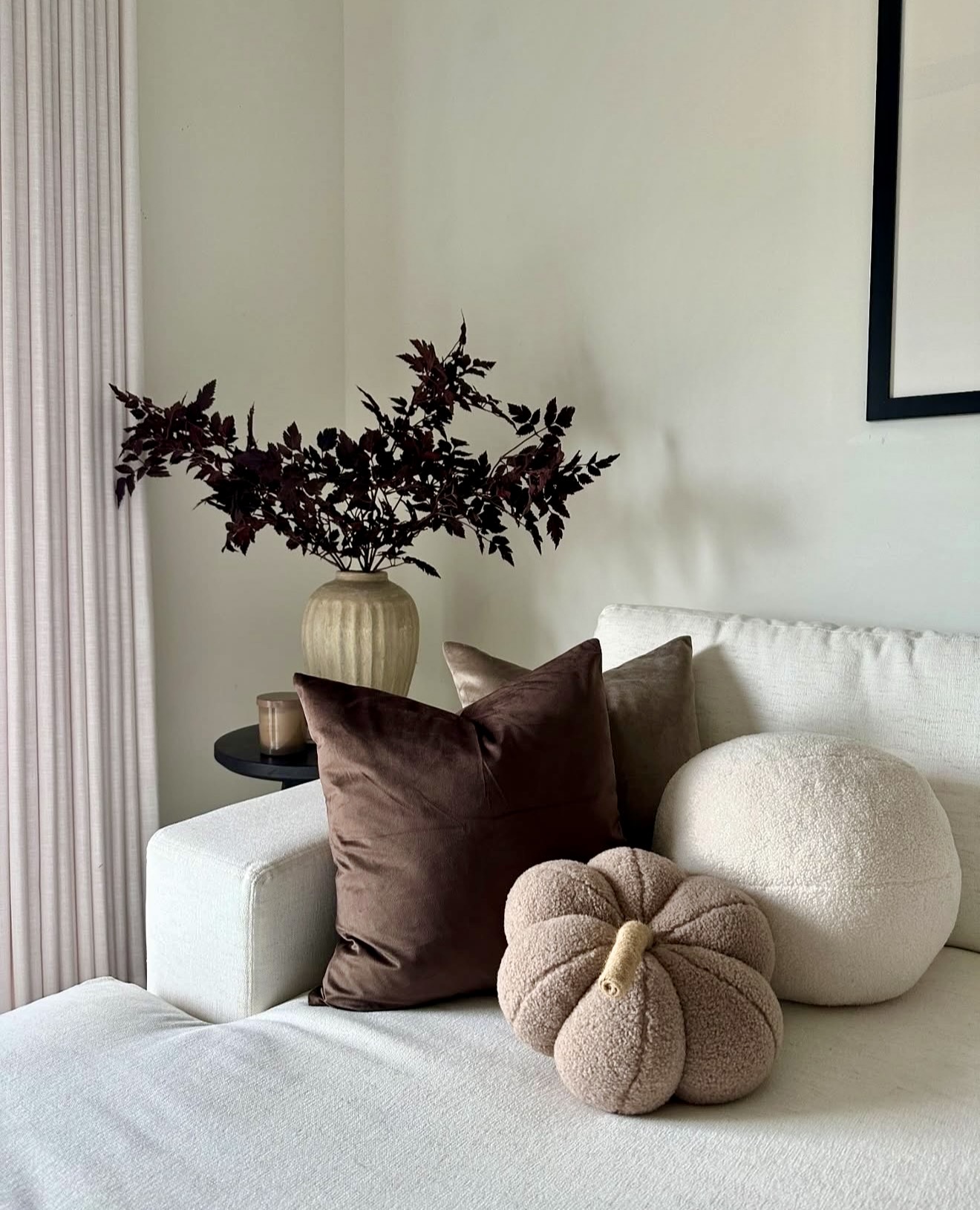 Cozy Neutral Fall Throw Pillows and Vase