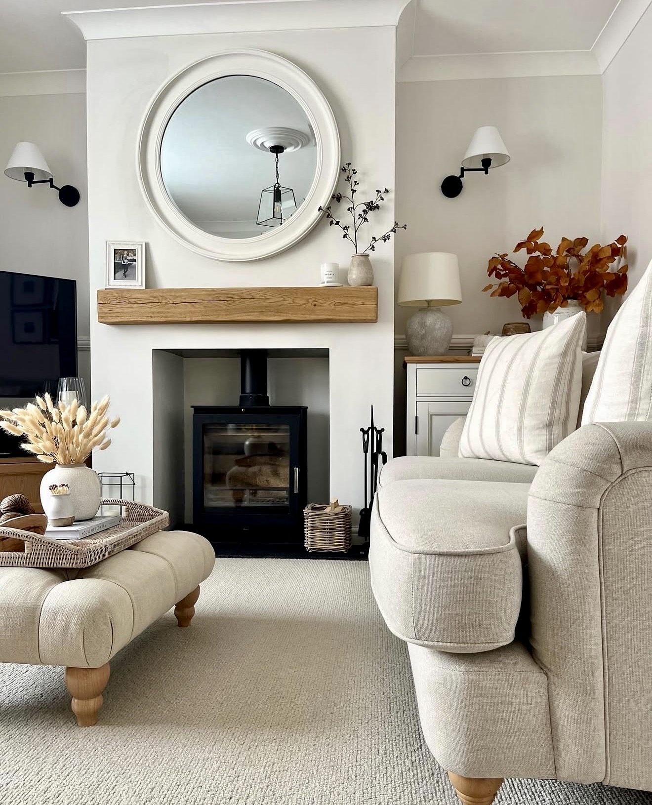 Cozy Neutral Living Room With Rustic Fireplace