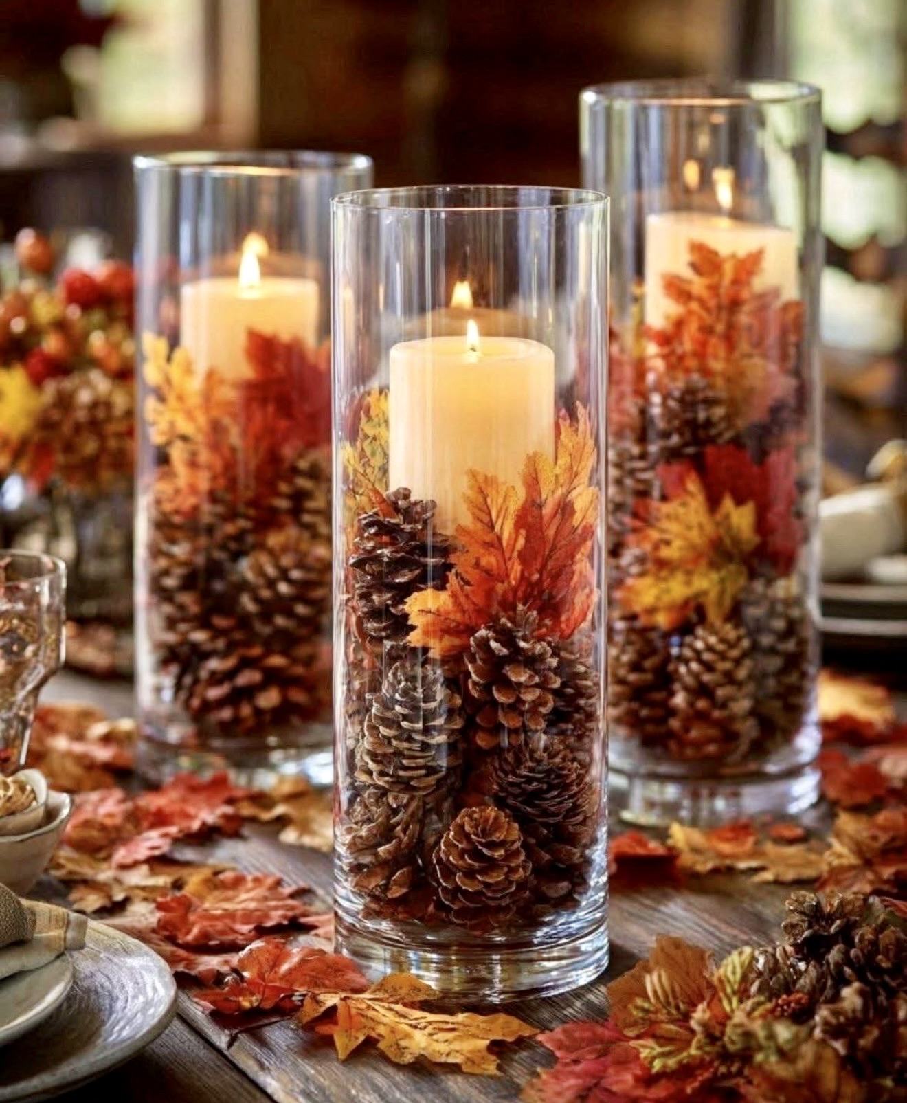 Cozy Pinecone and Leaf Candle Centerpiece