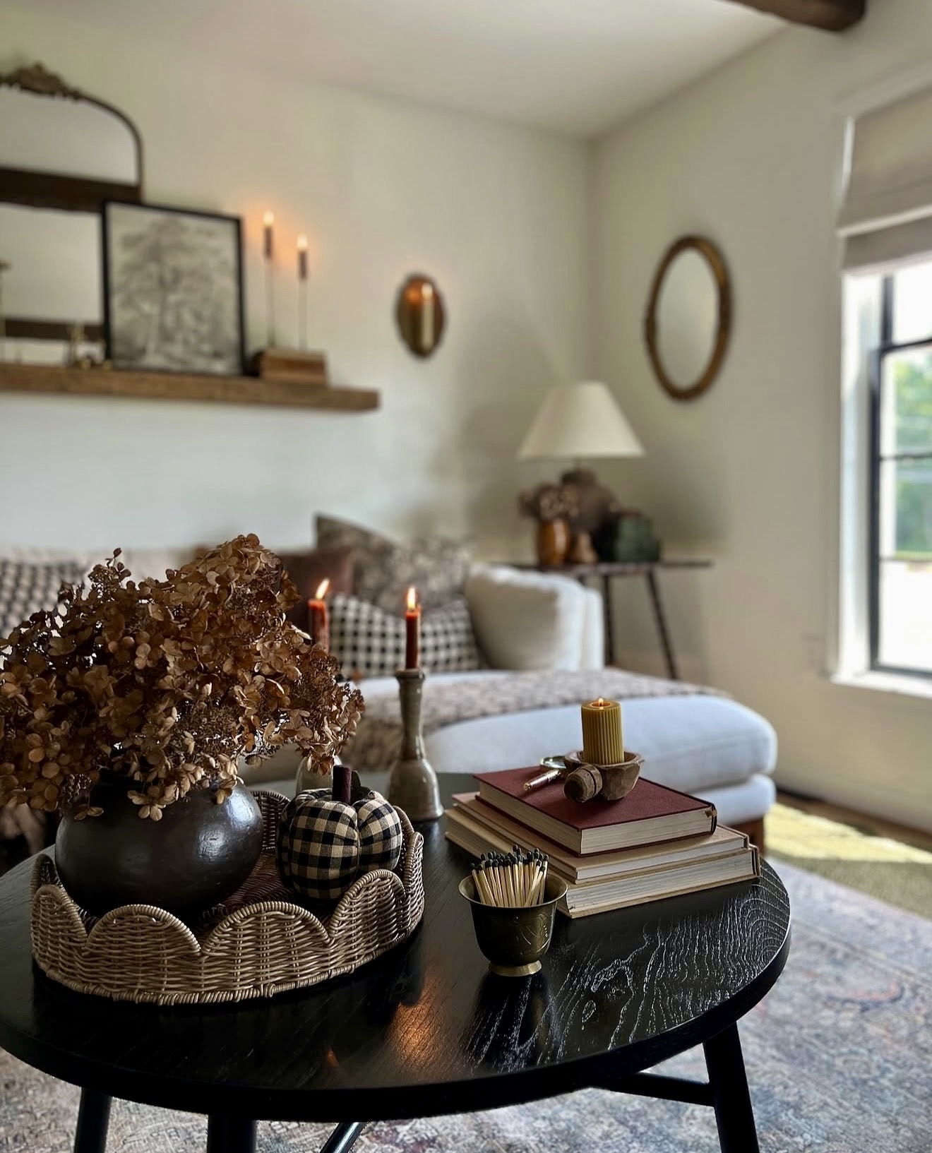 Cozy Rustic Fall Vignette with Dried Hydrangeas