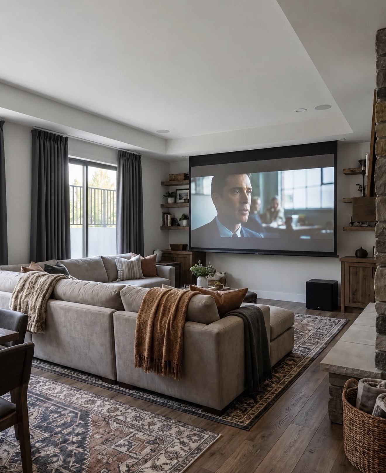 Cozy Transitional Theatre Room With Rustic Accents