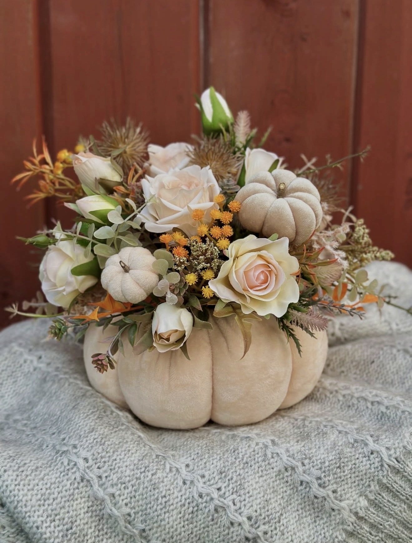 Cozy Velvet Pumpkin Fall Floral Arrangement