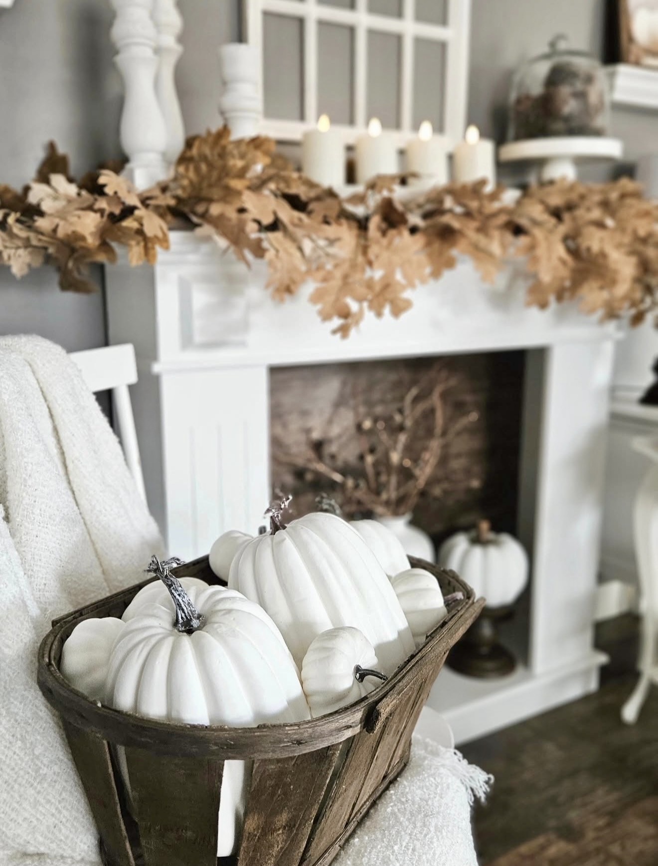 Cozy White Pumpkins in Rustic Harvest Basket